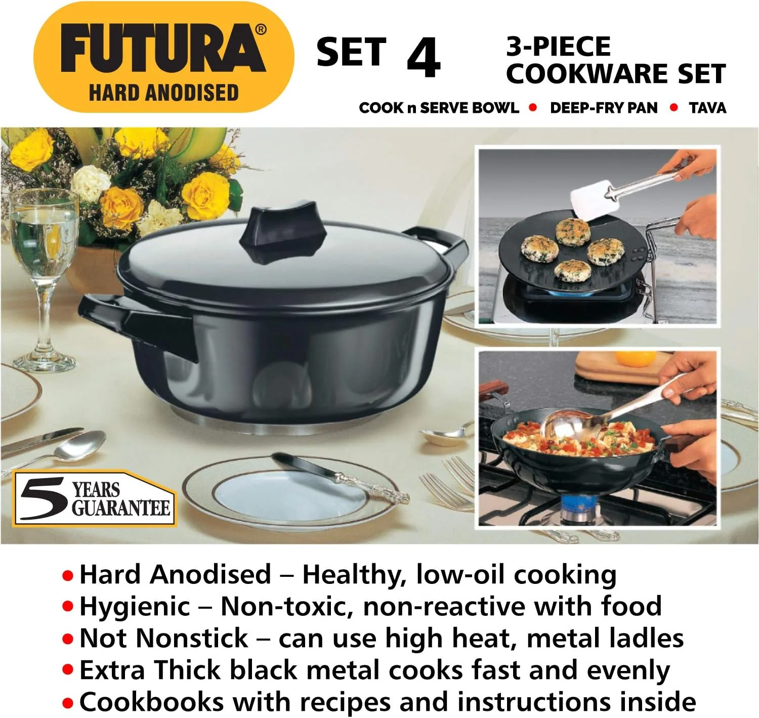 ست ۳ تکه ظروف پخت و پز هاوکینز فوتورا ۴ - تاوا، کاراهی، کاسه سرو و پخت با یک درب آنودایز سخت، مشکی (ASET4)