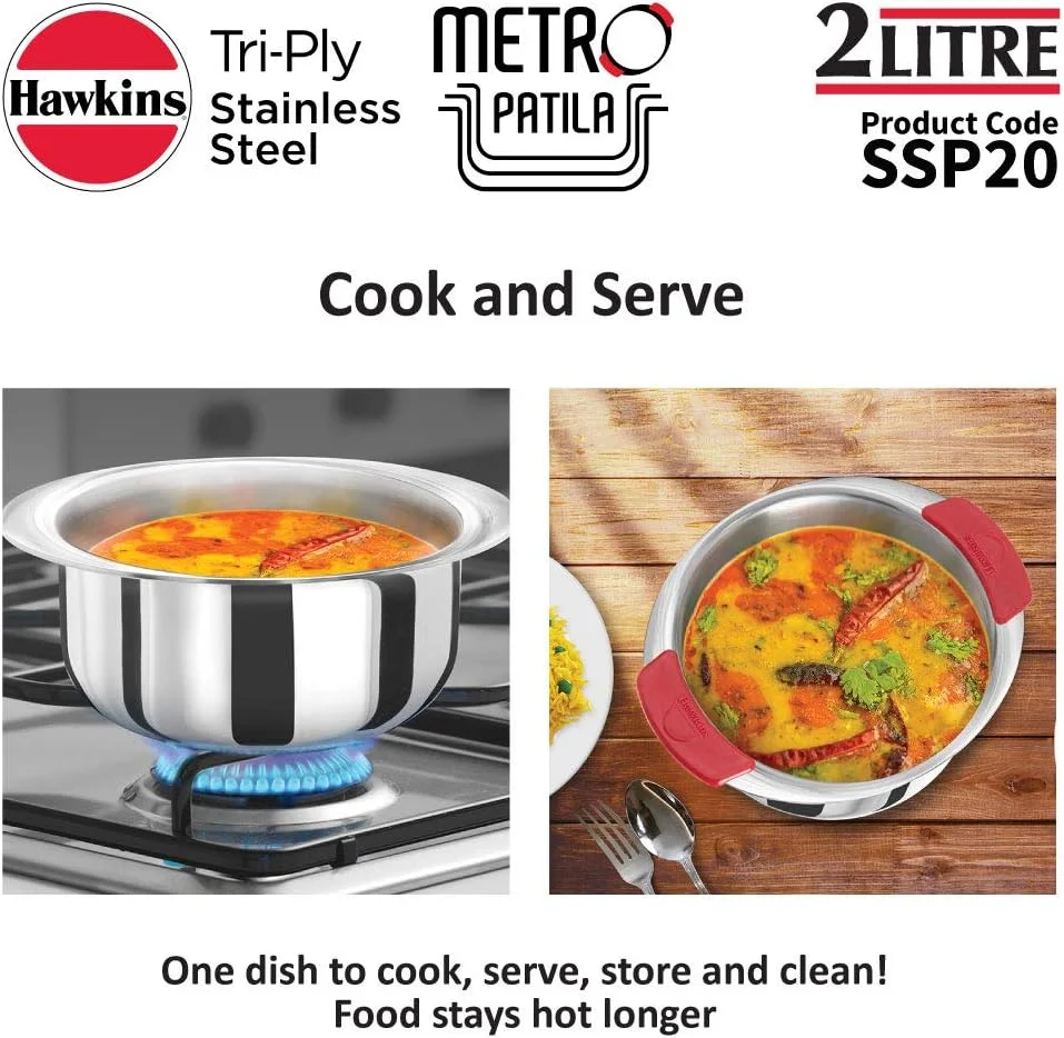 هاوکینز پاتیلا مترو 2 لیتری، تاپه استیل ضد زنگ سه لایه، باگونا القایی، تاپلی، نقره ای (SSP20)