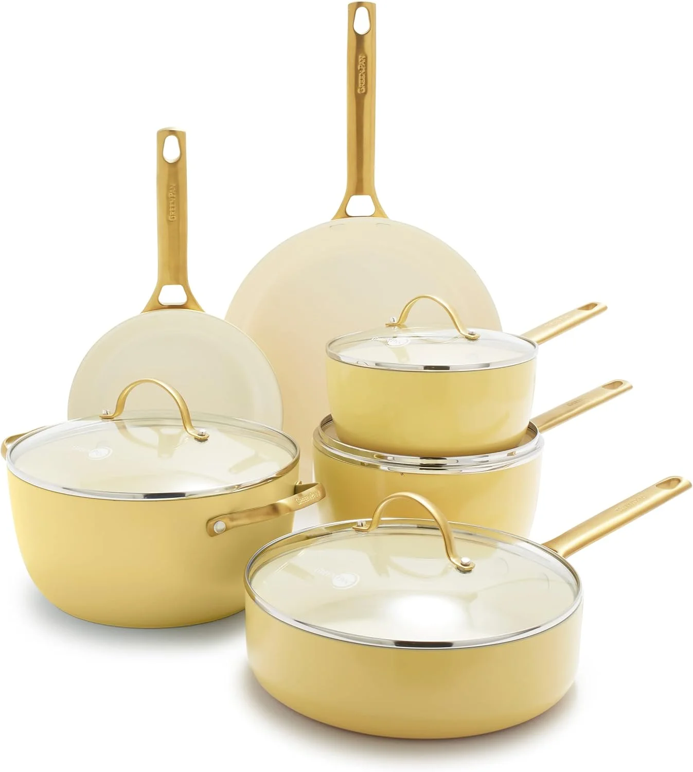 ست ۱۰ پارچه ظروف پخت و پز گرین پن رزرو با روکش سرامیکی نچسب و دسته طلایی، بدون PFAS، قابل شستشو در ماشین ظرفشویی، قابل استفاده در فر، زرد طلوع آفتاب ست ۱۰ پارچه ظروف پخت و پز گرین پن رزرو با روکش سرامیکی نچسب و دسته طلایی، بدون PFAS، قابل شستشو در ماشین ظرفشویی، قابل استفاده در فر، زرد طلوع آفتاب