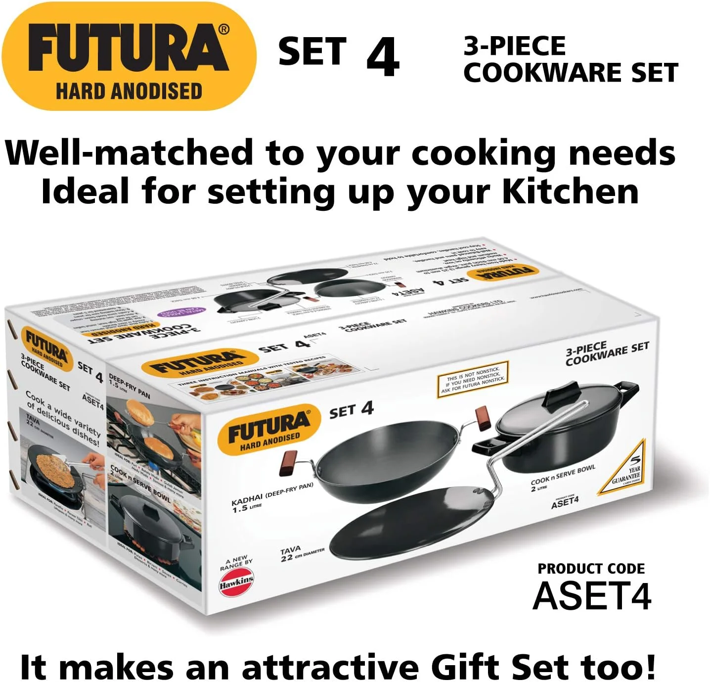 ست ۳ تکه ظروف پخت و پز هاوکینز فوتورا ۴ - تاوا، کاراهی، کاسه سرو و پخت با یک درب آنودایز سخت، مشکی (ASET4)