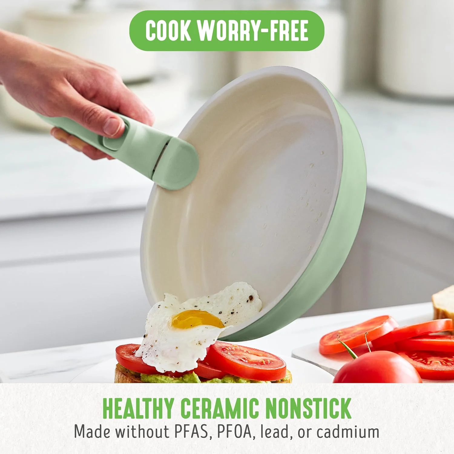 ست ۱۰ پارچه ظروف آشپزی سرامیکی نچسب گرین لایف کلیک، دسته جداشدنی، صرفه جویی در فضای آشپزخانه، قابلمه و تابه های غیر سمی بدون PFAS، مناسب برای اجاق گازهای القایی و فر، درب شیشه ای، سبز مریم گلی