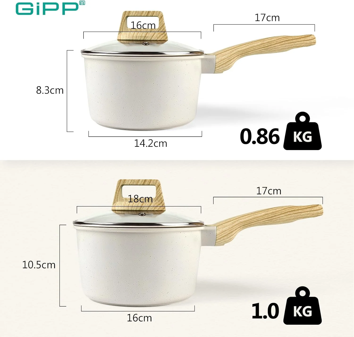 قابلمه سس نچسب GiPP با درب - 2 قابلمه کوچک نچسب با دسته خنک شونده، قابلمه های کوچک آشپزخانه گرانیتی سازگار با القایی، بدون PFOA (سفید، 1.5QT+2.5QT)