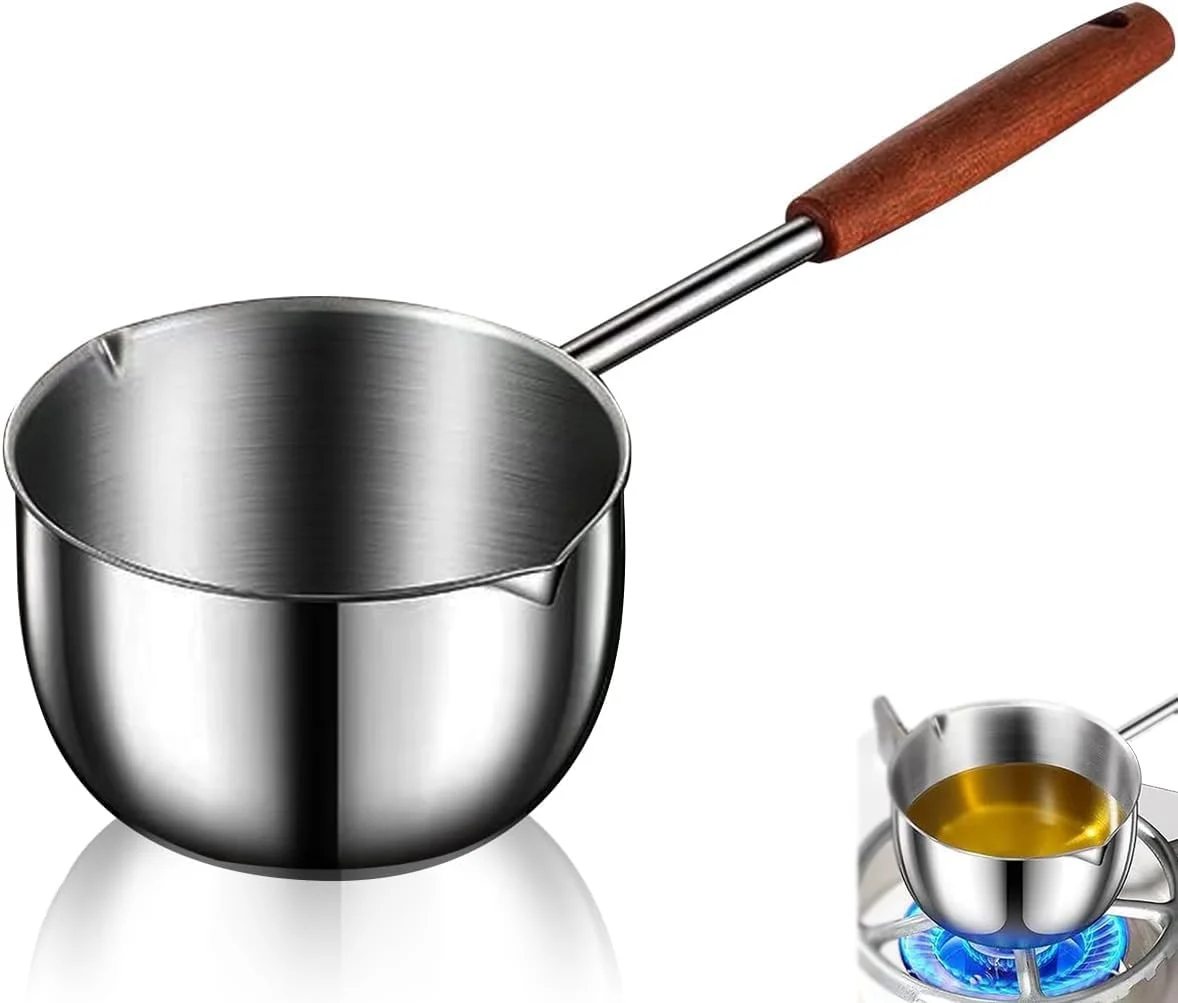 شیرجوش کوچک با لبه ریزش، قابلمه کوچک برای همه اجاق ها، ظرف ذوب شکلات، قابلمه استیل ضد زنگ، گرم کننده کره/قهوه/شیر، قابلمه نچسب (300 میلی لیتر، نقره ای)