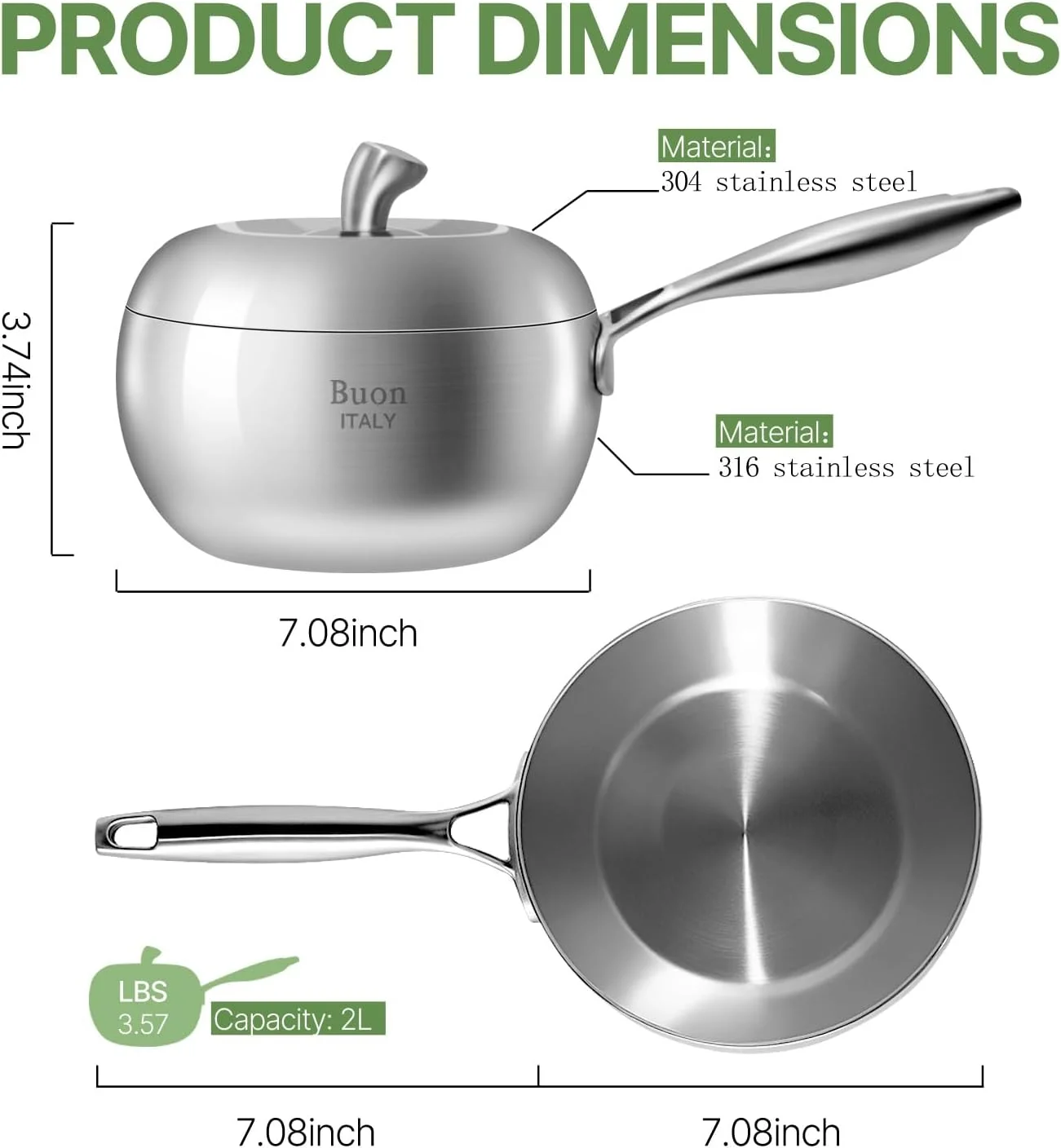 قابلمه سس پنج لایه استیل ضد زنگ با درب 2 لیتری نچسب با دسته خنک برای پخت و پز، مناسب برای اجاق های القایی، سازگار با تمام اجاق گازها