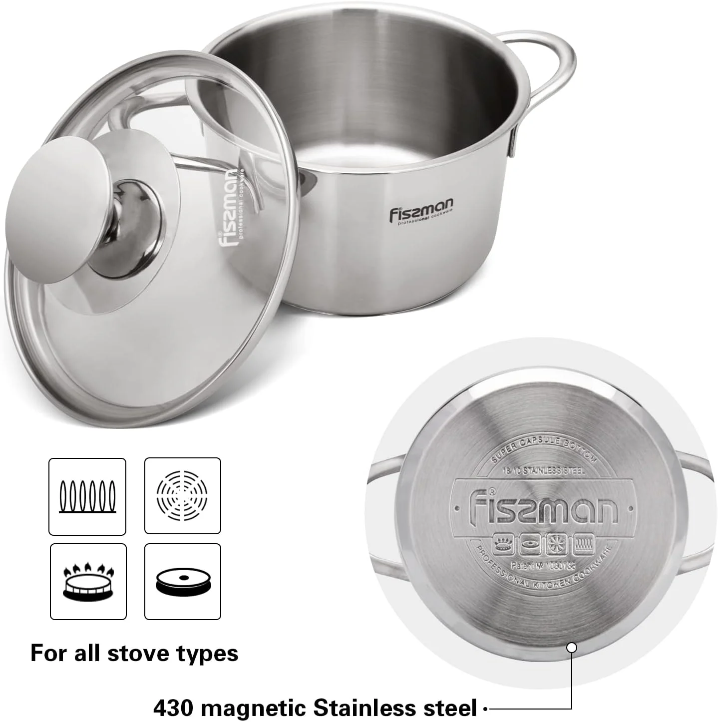 شیرجوش/قابلمه استیل بامبینو فیسمن به همراه درب شیشه ای 14x6.0 سانتی متر/ 0.9 لیتر - ظروف پخت و پز کلاسیک، برای جوشاندن شیر، سس، آب گوشت، پاستا، نودل