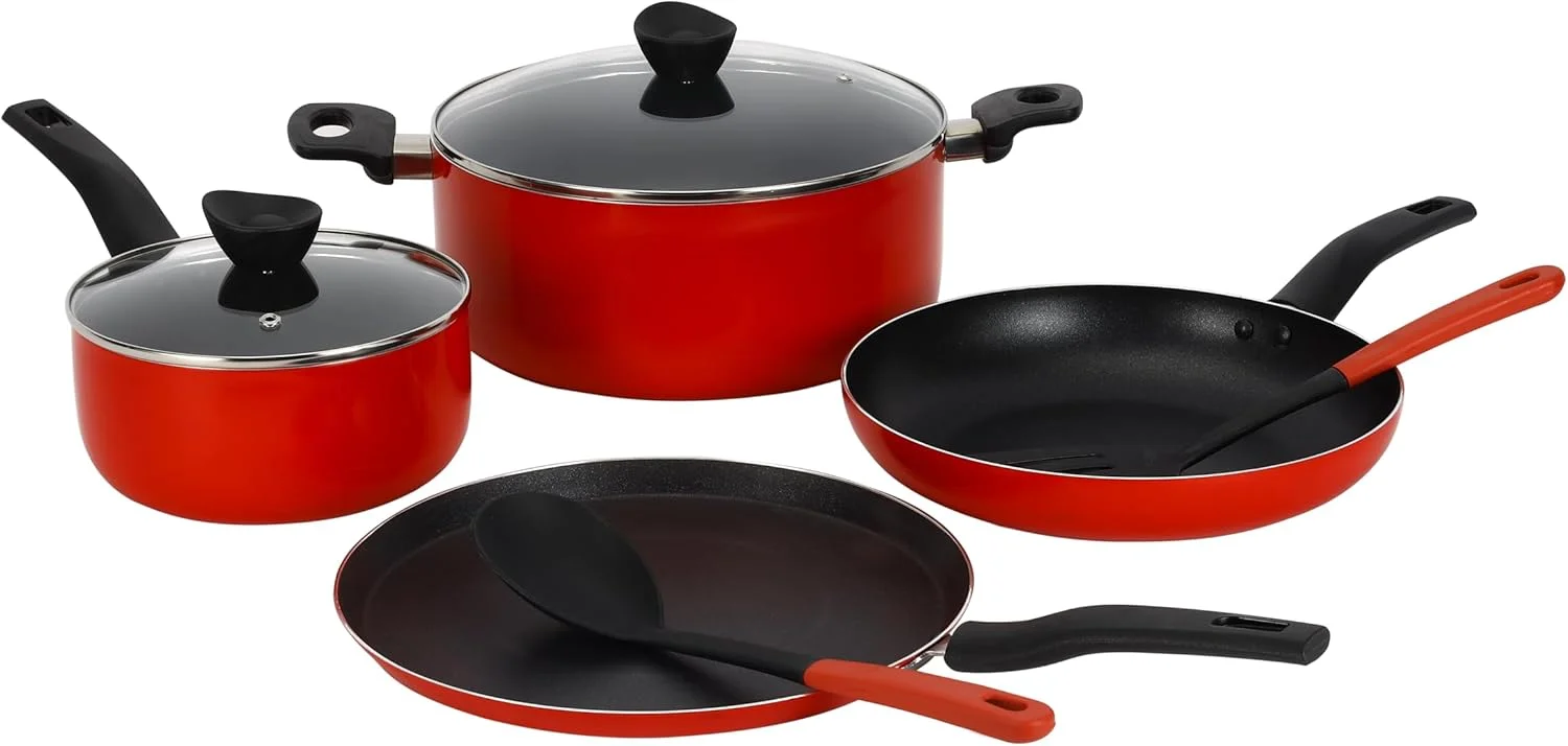 ست ۸ پارچه ظروف پخت و پز نچسب دلکاسا شامل قابلمه درب دار، شیرجوش درب دار، تابه، تاوا دوسا، ۲ عدد ابزار نایلونی