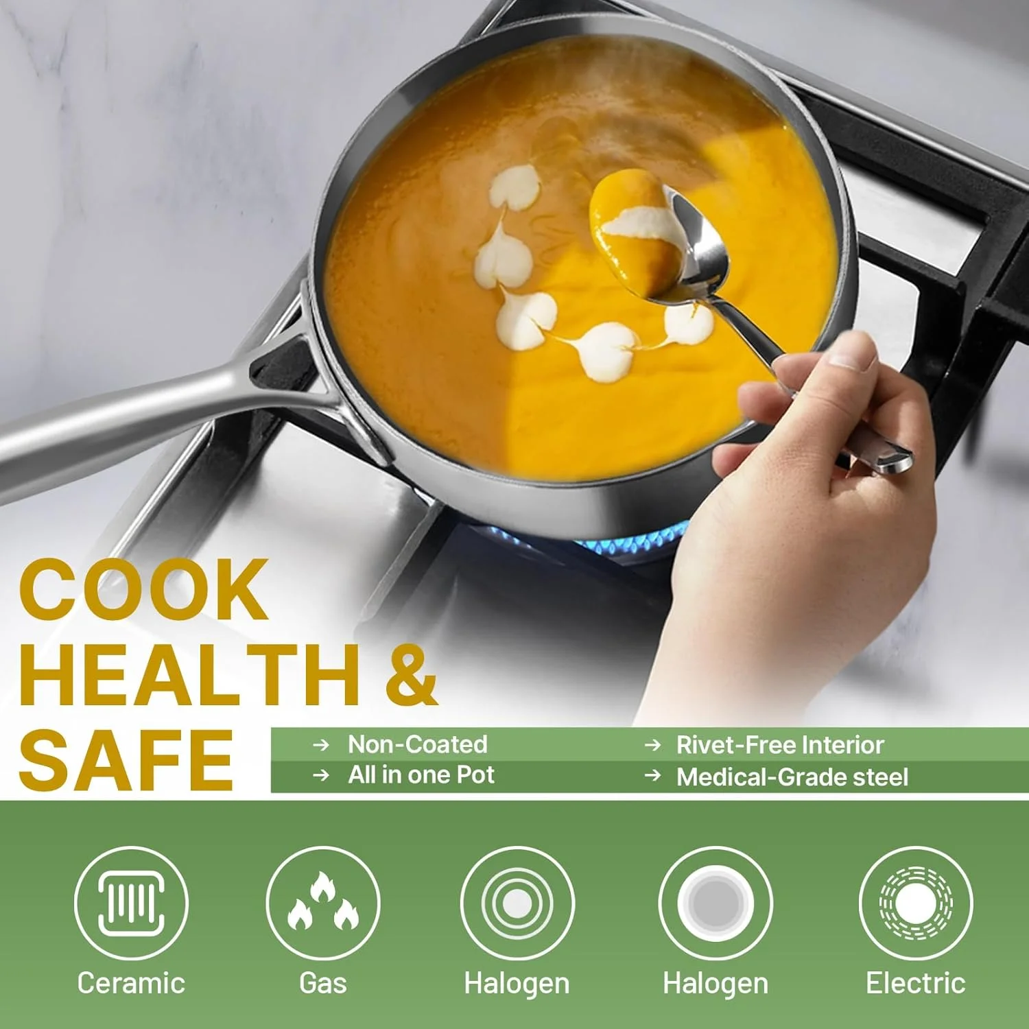 قابلمه سس پنج لایه استیل ضد زنگ با درب 2 لیتری نچسب با دسته خنک برای پخت و پز، مناسب برای اجاق های القایی، سازگار با تمام اجاق گازها