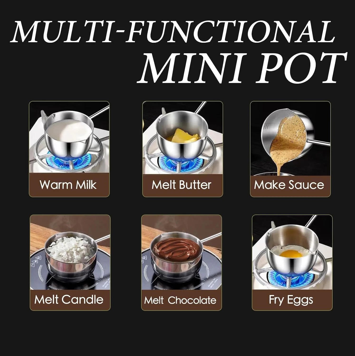 شیرجوش کوچک با لبه ریزش، قابلمه کوچک برای همه اجاق ها، ظرف ذوب شکلات، قابلمه استیل ضد زنگ، گرم کننده کره/قهوه/شیر، قابلمه نچسب (300 میلی لیتر، نقره ای)