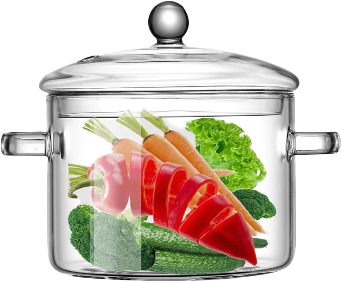 قابلمه شیشه ای با درب، 1.3 لیتر، ظروف شیشه ای بوروسیلیکات مقاوم در برابر حرارت، مناسب برای اجاق گاز، قابلمه خورشت با درب، ایمن برای سوپ، شیر، غذای کودک، پاستا و نودل (1.4 کوارتز)