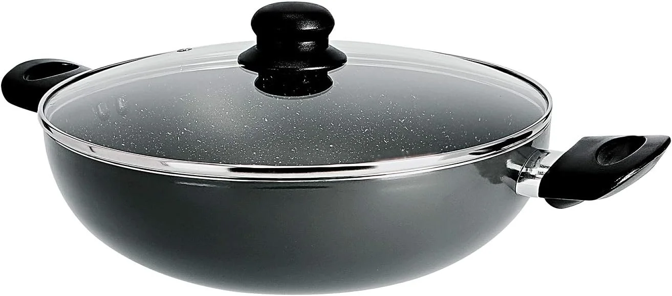 تابه ووک آلومینیومی دلکاسا با درب شیشه ای، 26 سانتی متر - تابه سرخ کردنی ایمن برای اجاق های القایی با پوشش گرانیتی نچسب بادوام - تابه با درب شیشه ای و دسته های مقاوم در برابر حرارت - تابه قابلمه ای