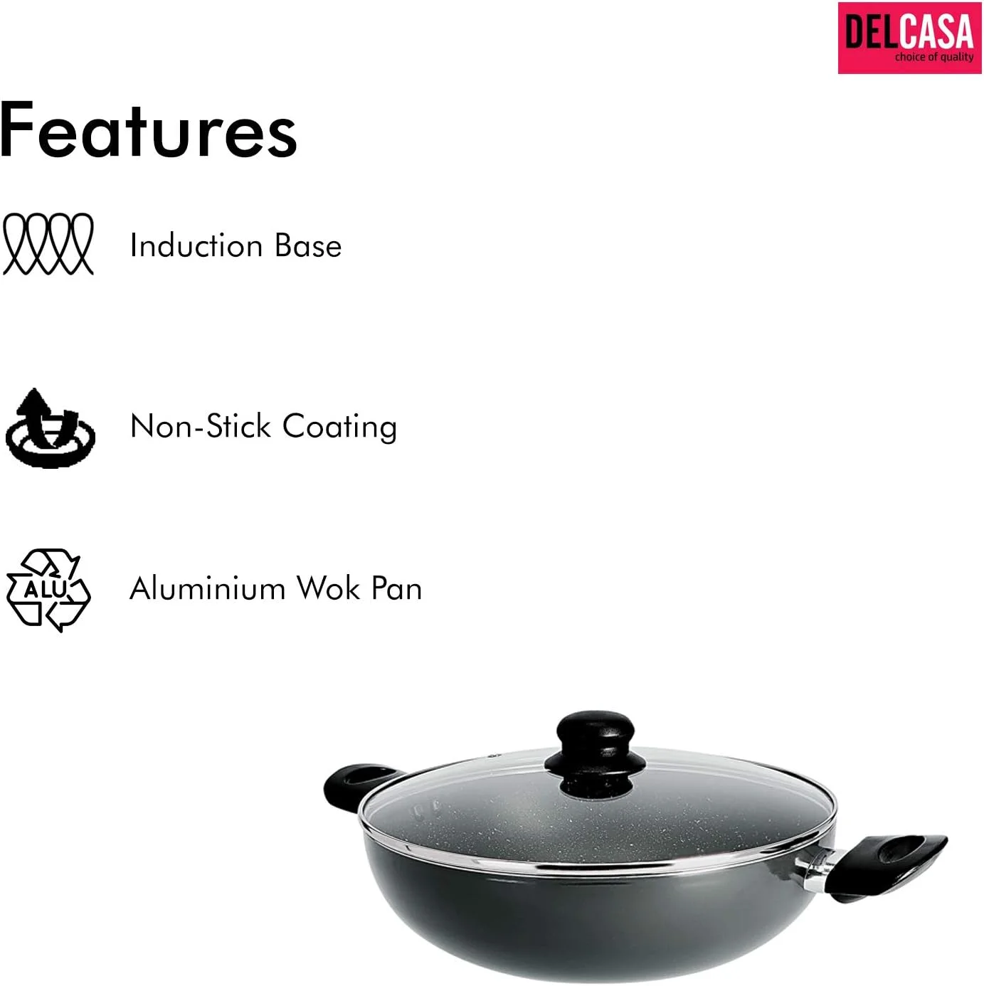 تابه ووک آلومینیومی دلکاسا با درب شیشه ای، 26 سانتی متر - تابه سرخ کردنی ایمن برای اجاق های القایی با پوشش گرانیتی نچسب بادوام - تابه با درب شیشه ای و دسته های مقاوم در برابر حرارت - تابه قابلمه ای