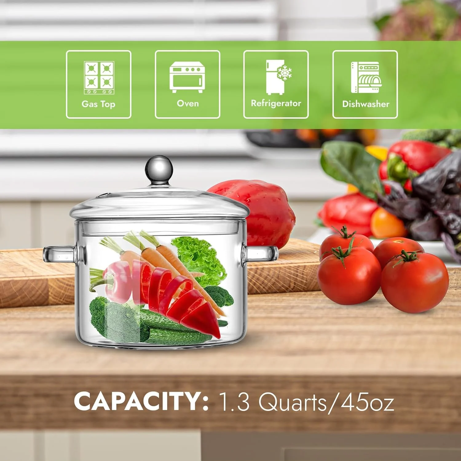قابلمه شیشه ای با درب، 1.3 لیتر، ظروف شیشه ای بوروسیلیکات مقاوم در برابر حرارت، مناسب برای اجاق گاز، قابلمه خورشت با درب، ایمن برای سوپ، شیر، غذای کودک، پاستا و نودل (1.4 کوارتز)