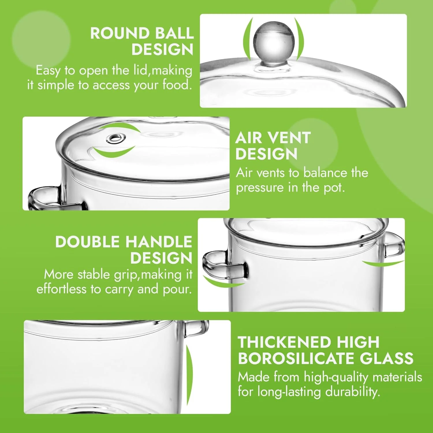قابلمه شیشه ای با درب، 1.3 لیتر، ظروف شیشه ای بوروسیلیکات مقاوم در برابر حرارت، مناسب برای اجاق گاز، قابلمه خورشت با درب، ایمن برای سوپ، شیر، غذای کودک، پاستا و نودل (1.4 کوارتز)