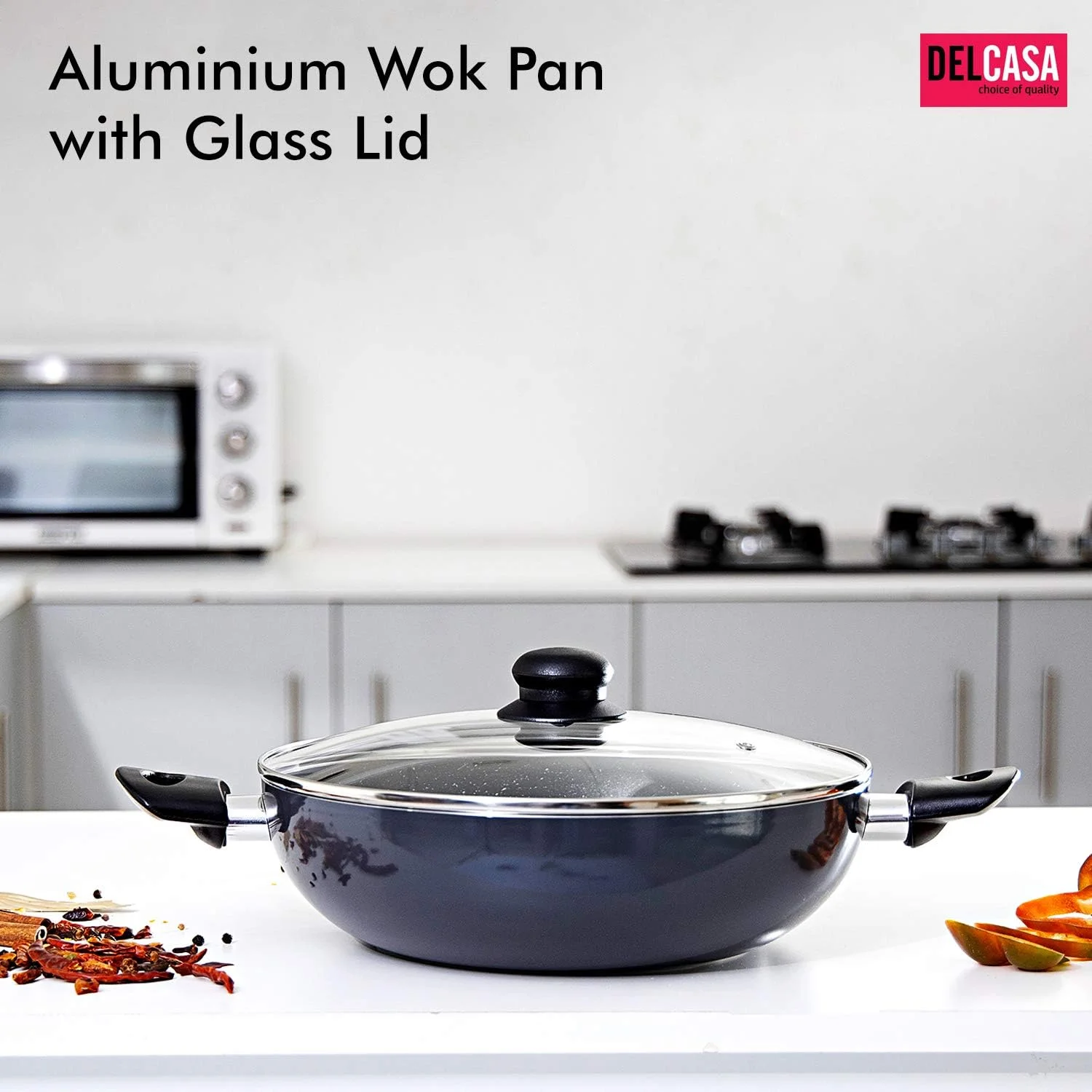 تابه ووک آلومینیومی دلکاسا با درب شیشه ای، 26 سانتی متر - تابه سرخ کردنی ایمن برای اجاق های القایی با پوشش گرانیتی نچسب بادوام - تابه با درب شیشه ای و دسته های مقاوم در برابر حرارت - تابه قابلمه ای