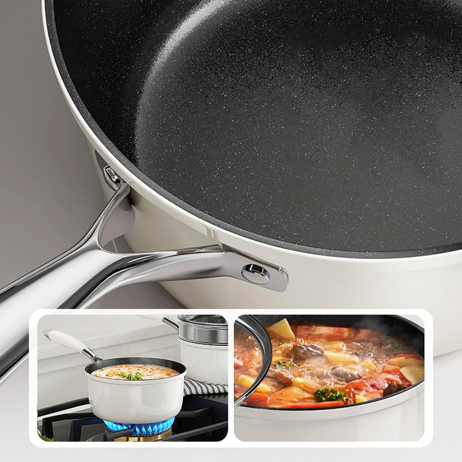 تابه سس سرامیکی نچسب با درب، قابلمه کوچک 1.2 لیتری، تابه های سس غیر سمی برای آشپزخانه، دسته خنک بدون PFAS سازگار با همه اجاق گازها، سفید