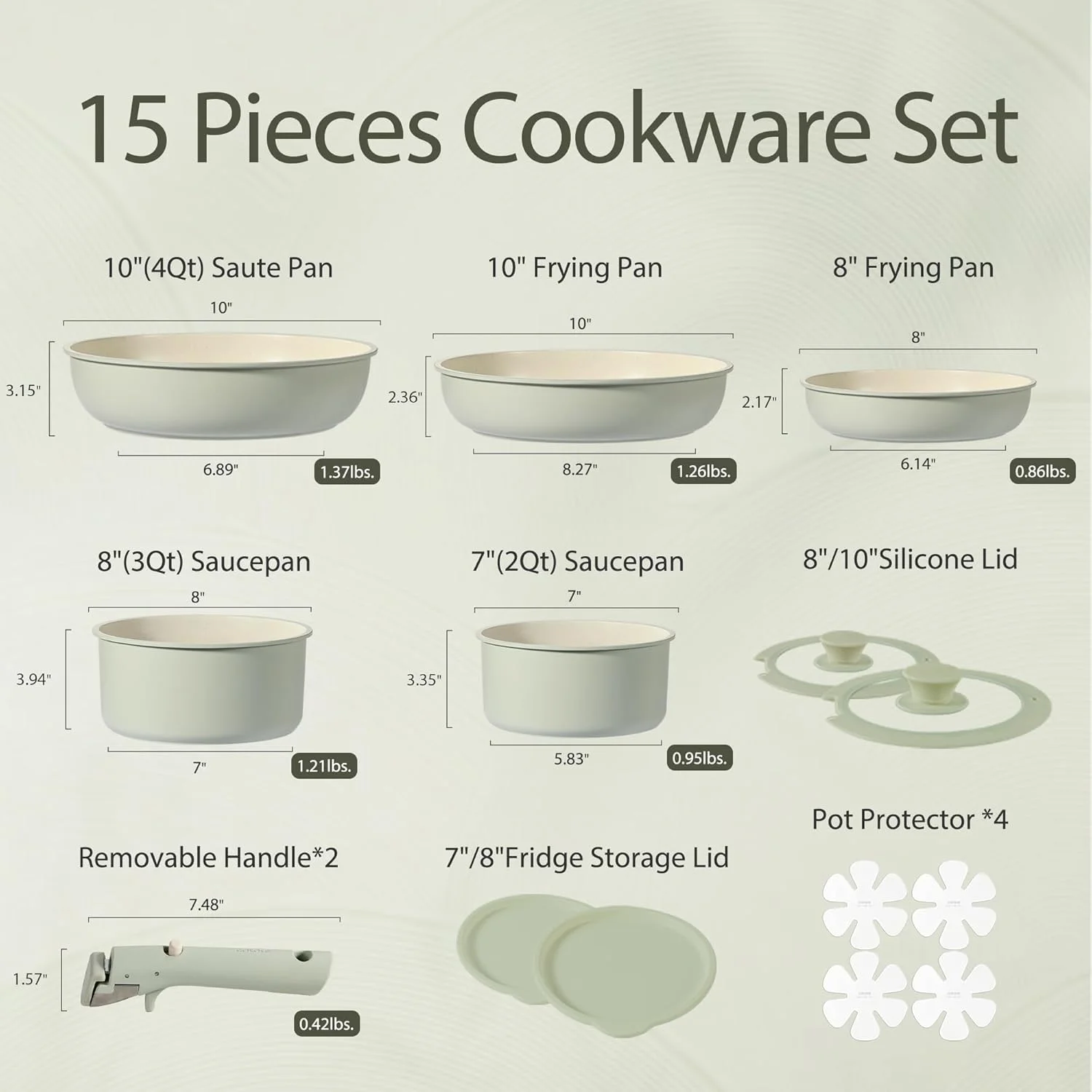 ست 15 پارچه ظروف پخت و پز CAROTE، ست قابلمه و تابه نچسب، قابل شستشو در ماشین ظرفشویی/قابل استفاده در فر/قابل نگهداری در یخچال، ست آشپزخانه، ست قابلمه های کم جا، ست نچسب با دسته جداشدنی چند منظوره، ست القایی مناسب RV، سبز مریم گلی