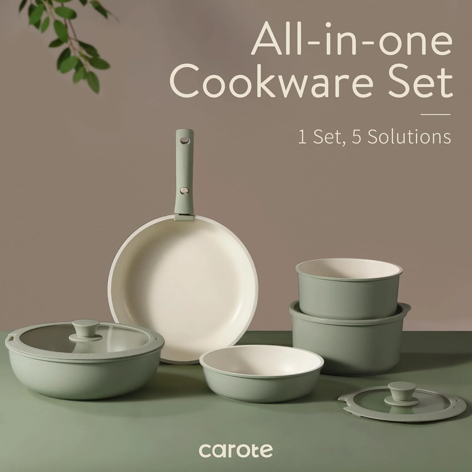 ست 15 پارچه ظروف پخت و پز CAROTE، ست قابلمه و تابه نچسب، قابل شستشو در ماشین ظرفشویی/قابل استفاده در فر/قابل نگهداری در یخچال، ست آشپزخانه، ست قابلمه های کم جا، ست نچسب با دسته جداشدنی چند منظوره، ست القایی مناسب RV، سبز مریم گلی