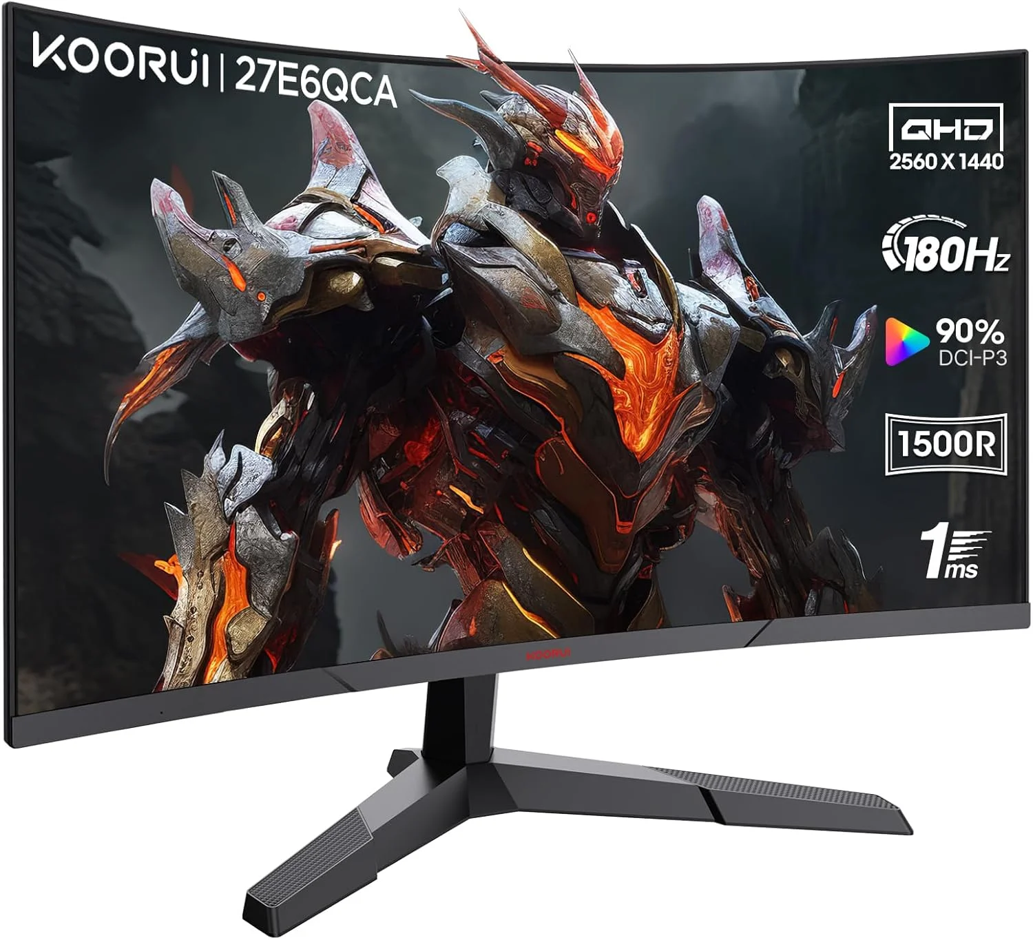 مانیتور گیمینگ 27 اینچ KOORUI، پنل VA سریع QHD، R1500، 180 هرتز، 1 میلی‌ثانیه، DCI-P3 85 درصد، DP+HDMI، حالت بازی، محافظت از چشم، طراحی دکمه‌ای سه طرفه با حاشیه باریک