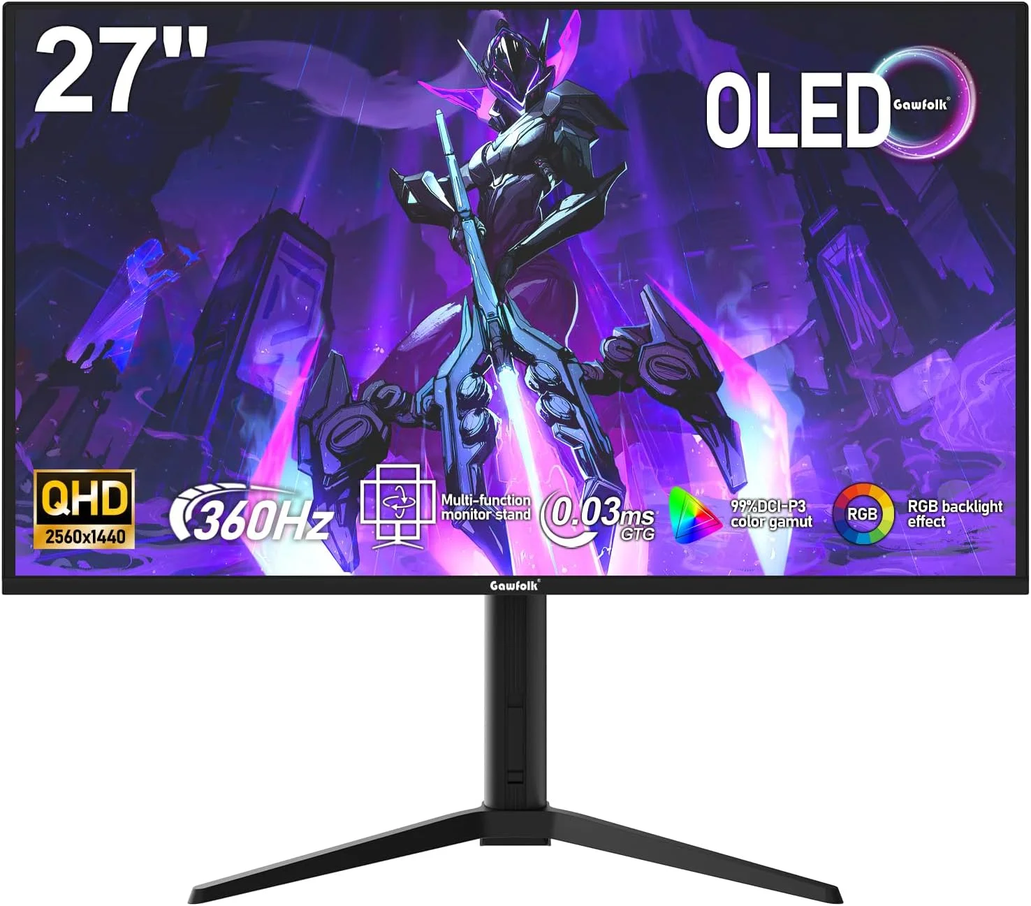 مانیتور گیمینگ 27 اینچی Gawfolk QD-OLED QHD 360Hz با زمان پاسخگویی 0.03ms(GTG)، دارای PIP/PBP، پوشش 99% DCI-P3، FreeSync، HDR400، نسبت کنتراست 1.5M:1، نورپردازی RGB و پایه قابل تنظیم ارتفاع/چرخش (مشکی)