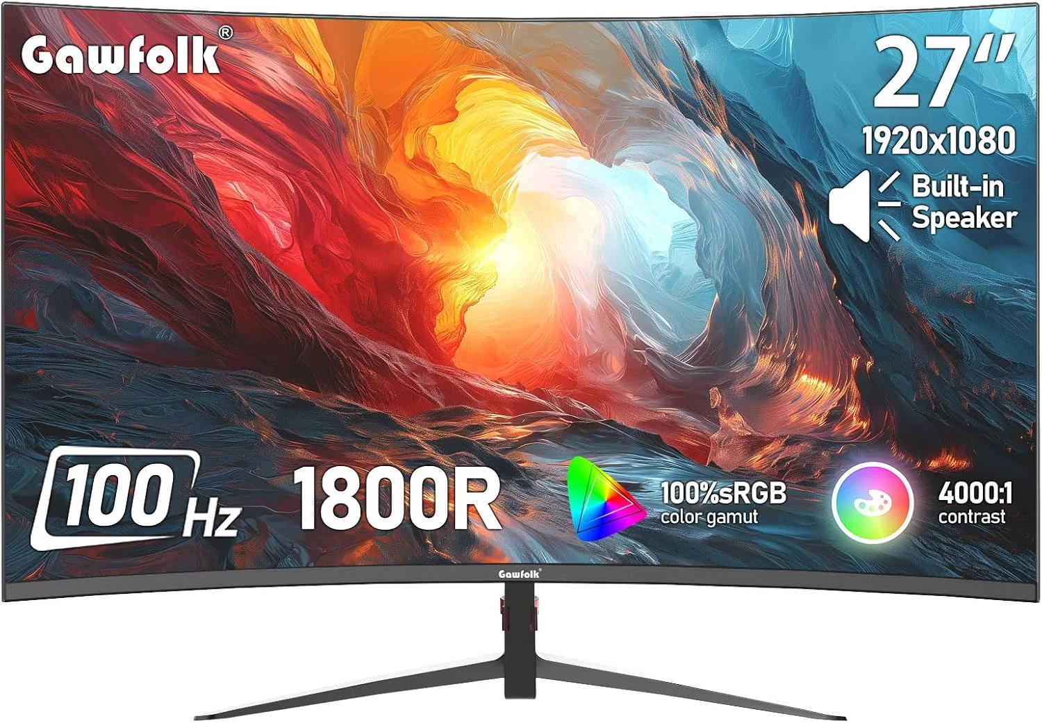 مانیتور گیمینگ 27 اینچ Gawfolk FHD 100Hz خمیده 1800R، صفحه نمایش کامپیوتر بدون حاشیه 1080P، پوشش 100% sRGB، روشنایی 300cd/m²، مناسب برای دفتر کار، خانه و سرگرمی (دارای بلندگوی داخلی)