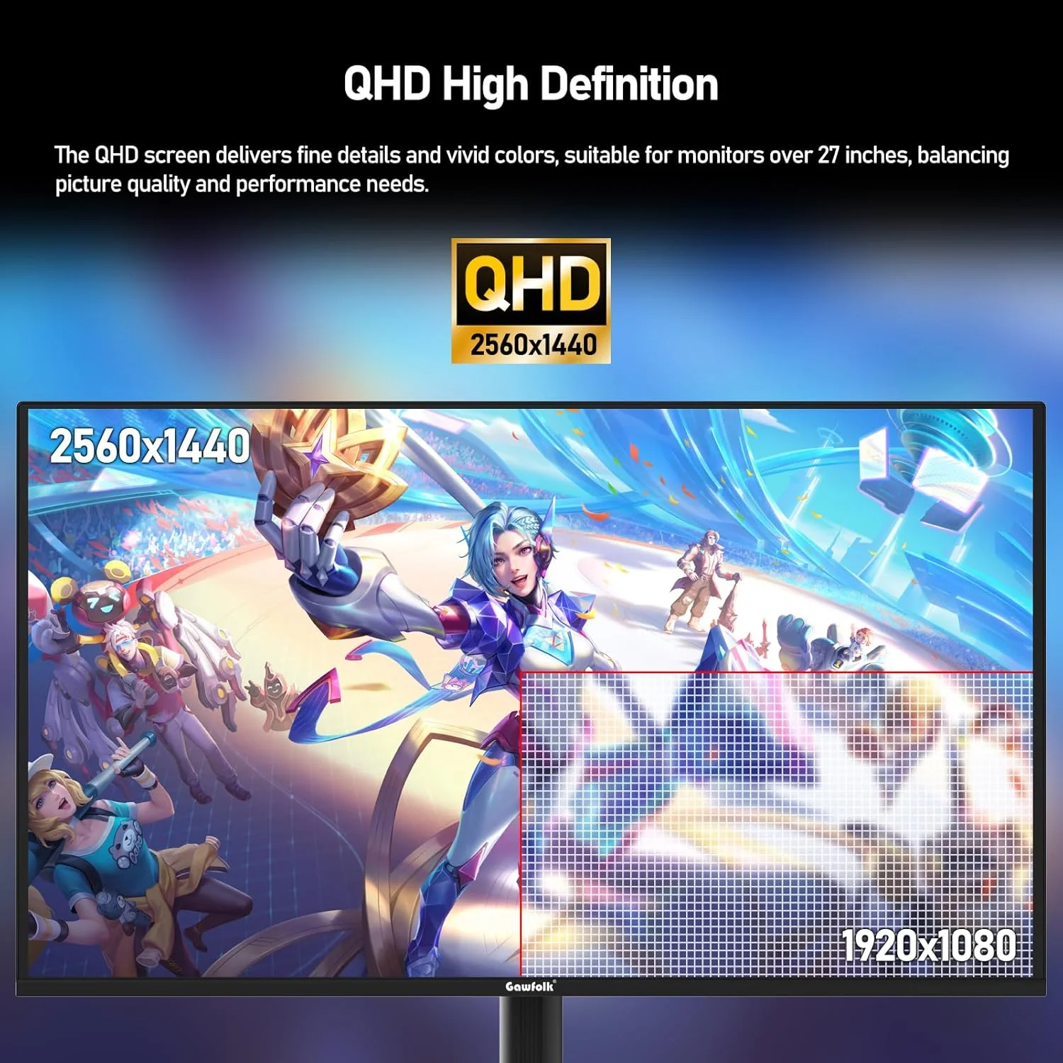 مانیتور گیمینگ 27 اینچی Gawfolk QD-OLED QHD 360Hz با زمان پاسخگویی 0.03ms(GTG)، دارای PIP/PBP، پوشش 99% DCI-P3، FreeSync، HDR400، نسبت کنتراست 1.5M:1، نورپردازی RGB و پایه قابل تنظیم ارتفاع/چرخش (مشکی)