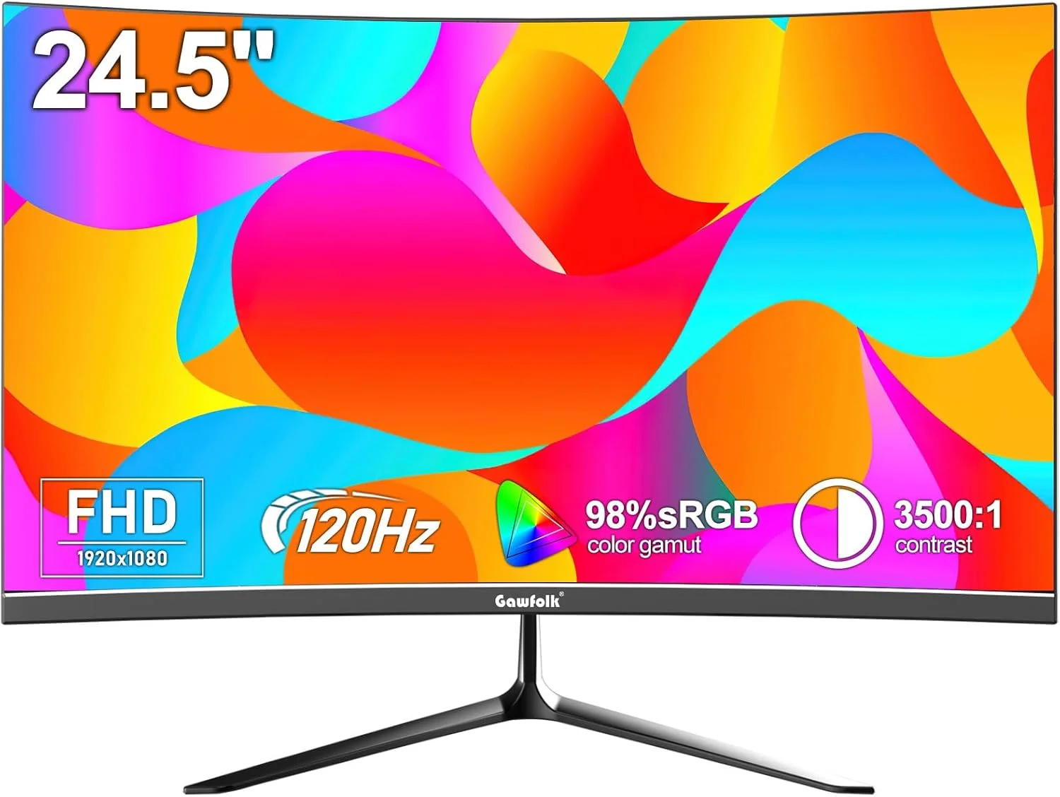 مانیتور خمیده 24.5 اینچی گیمینگ گاوفولک FHD 120Hz، مانیتور کامپیوتر VA 3000R با پوشش 98% sRGB و صفحه نمایش بدون پرش، مناسب برای خانه، دفتر و نظارت (بلندگوی داخلی) مانیتور خمیده 24.5 اینچی گیمینگ گاوفولک FHD 120Hz، مانیتور کامپیوتر VA 3000R با پوشش 98% sRGB و صفحه نمایش بدون پرش، مناسب برای خانه، دفتر و نظارت (بلندگوی داخلی)