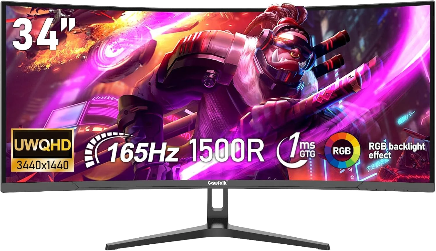 مانیتور گیمینگ فوق عریض خمیده ۳۴ اینچ Gawfolk UWQHD 165Hz با انحنای 1500R، نسبت تصویر 21:9، رزولوشن 3440x1440، زمان پاسخگویی 1ms (GTG)، پوشش 100% sRGB، FreeSync، PIP/PBP و نور پس زمینه RGB مناسب برای کاربری اداری و گیمینگ