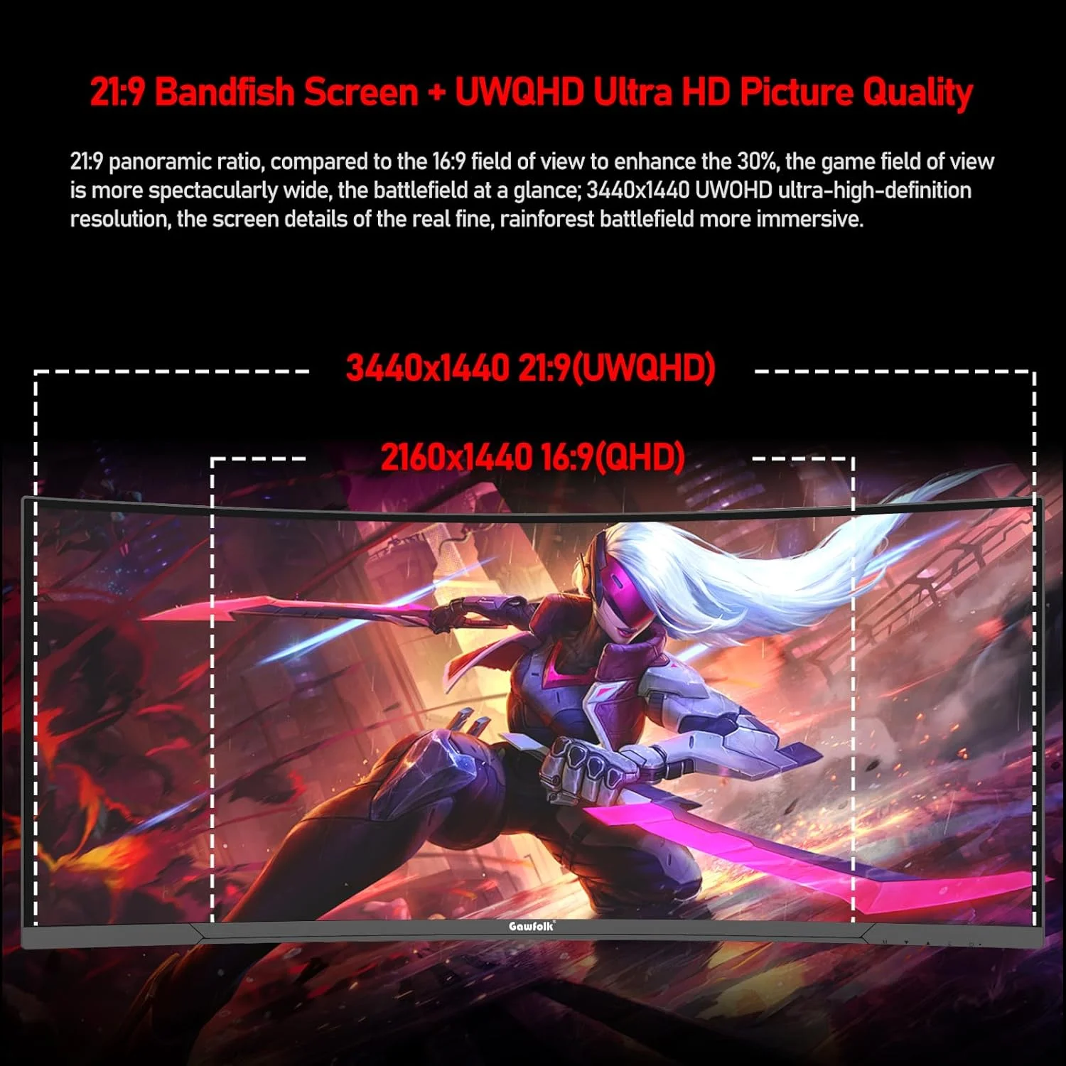 مانیتور گیمینگ فوق عریض خمیده ۳۴ اینچ Gawfolk UWQHD 165Hz با انحنای 1500R، نسبت تصویر 21:9، رزولوشن 3440x1440، زمان پاسخگویی 1ms (GTG)، پوشش 100% sRGB، FreeSync، PIP/PBP و نور پس زمینه RGB مناسب برای کاربری اداری و گیمینگ مانیتور گیمینگ فوق عریض خمیده ۳۴ اینچ Gawfolk UWQHD 165Hz با انحنای 1500R، نسبت تصویر 21:9، رزولوشن 3440x1440، زمان پاسخگویی 1ms (GTG)، پوشش 100% sRGB، FreeSync، PIP/PBP و نور پس زمینه RGB مناسب برای کاربری اداری و گیمینگ