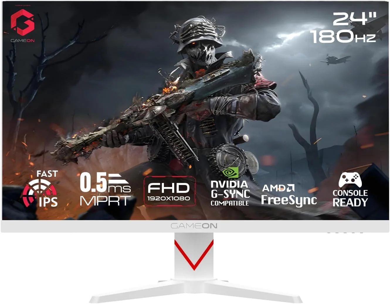 مانیتور گیمینگ 24 اینچی GAMEON سری Marksman – FHD 1920x1080، اورکلاک 180 هرتز، 0.5ms MPRT، HDR400، سازگار با FreeSync و G-Sync، HDMI 2.1 و DP 1.4، سازگار با کنسول، GOAM24FHD180IPS - سفید