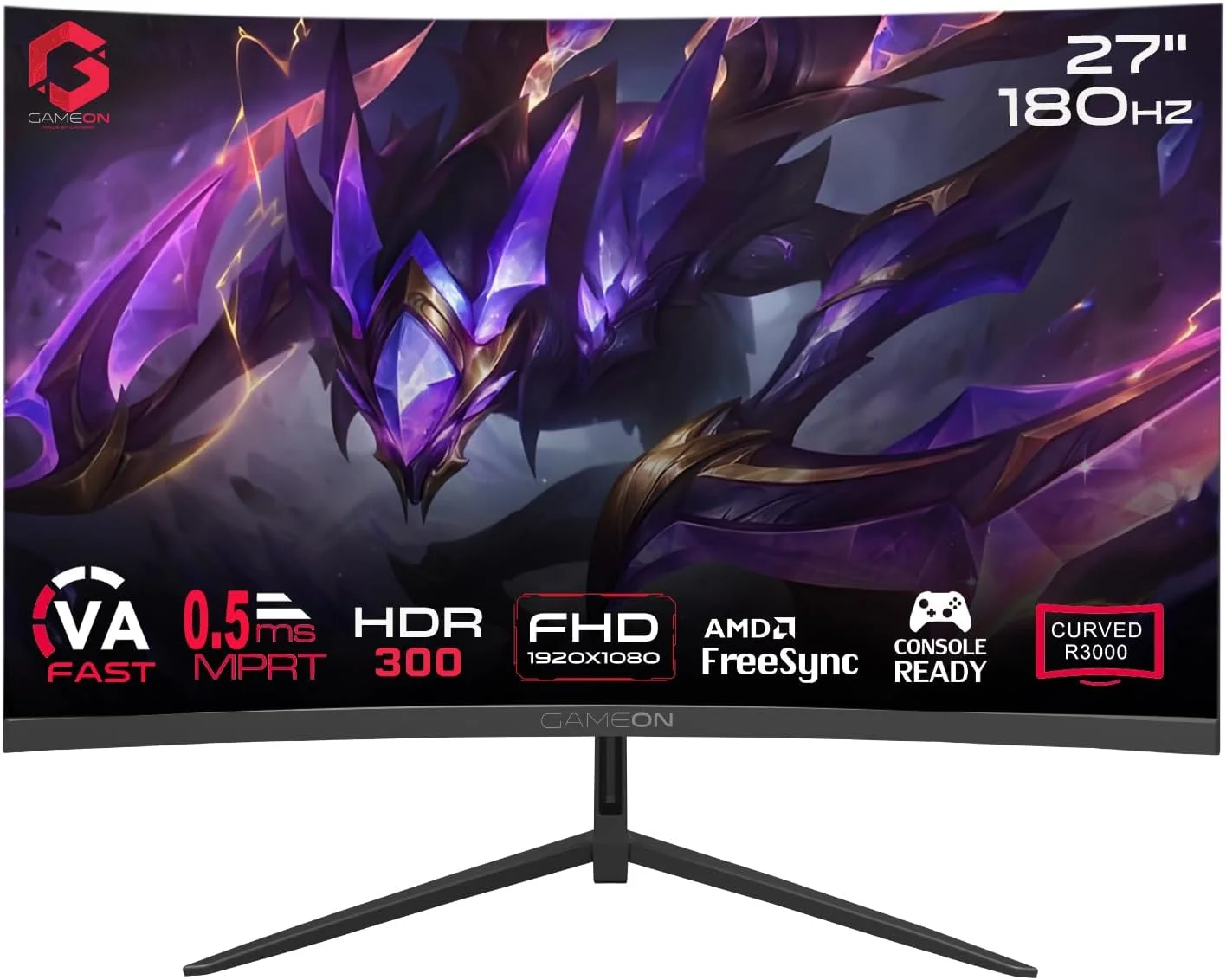 مانیتور گیمینگ خمیده 27 اینچی سری پرو گیم‌آن مدل GOC27F180VA، پنل VA سریع FHD با رزولوشن 1920x1080p، نرخ تازه‌سازی 180 هرتز، زمان پاسخ‌گویی 0.5 میلی‌ثانیه، HDMI 2.1، G-Sync و Freesync، دارای نشانه‌گر هدف، بلندگوهای داخلی، پشتیبانی از HDR، PS5، VRR
