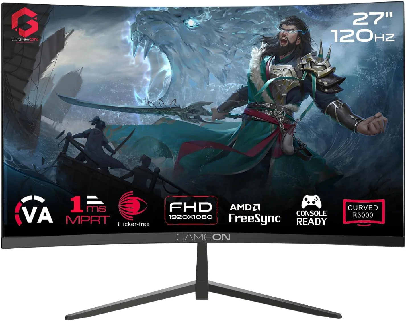 مانیتور گیمینگ خمیده 27 اینچی سری پرو GAMEON GOC27F120VA، پنل VA با کیفیت FHD 1920x1080p، نرخ نوسازی 120 هرتز، زمان پاسخگویی 1 میلی‌ثانیه، HDMI 2.1، فناوری Freesync، دارای Crosshair assistant، بلندگوهای داخلی، پشتیبانی از PS5 و VRR