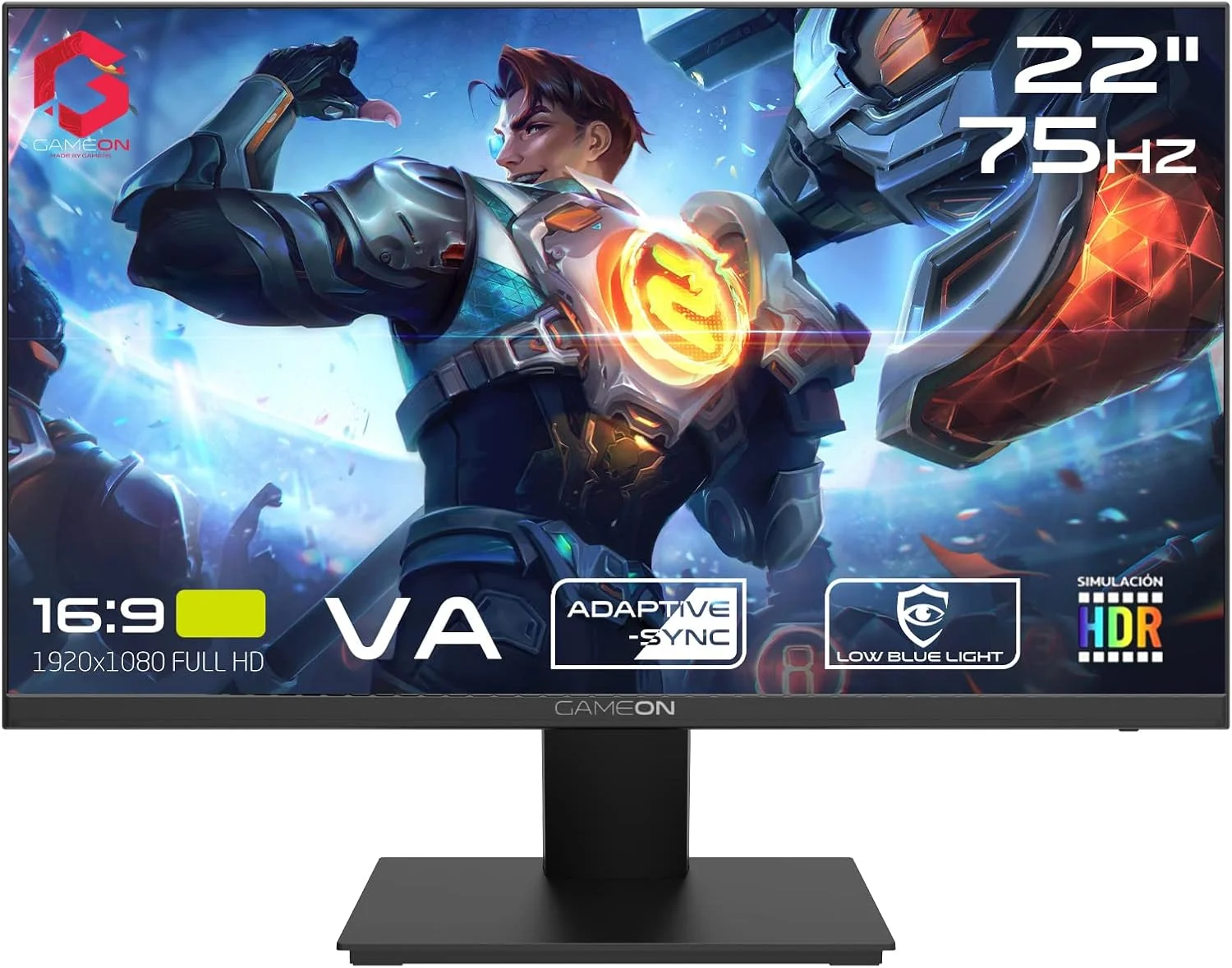 مانیتور 22 اینچ گیم‌آن، Full HD 1920x1080p HDMI و VGA با قابلیت تنظیم شیب ارگونومیک، فناوری محافظت از چشم با فیلتر نور آبی و ضد انعکاس، Adaptive-Sync و بلندگوهای داخلی