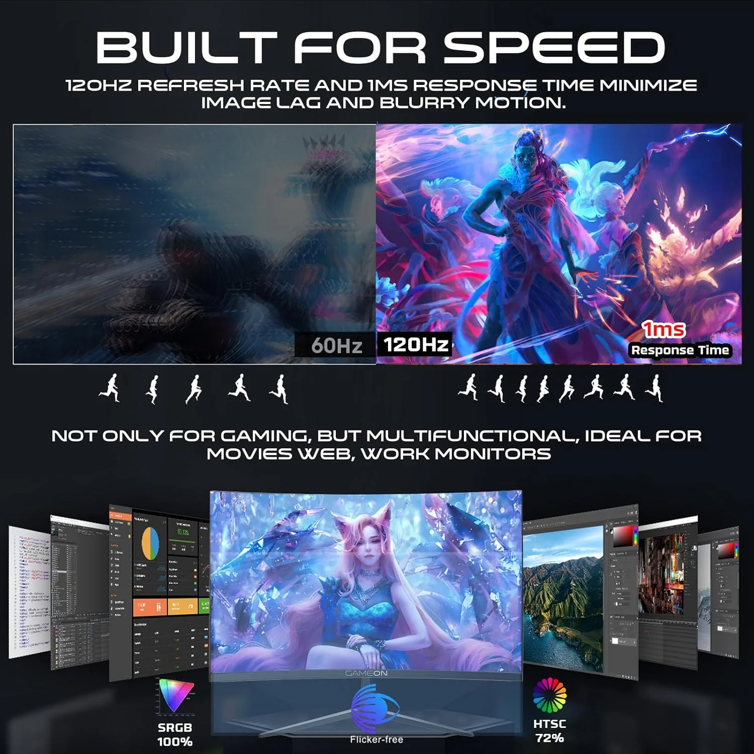 مانیتور گیمینگ خمیده 27 اینچی سری پرو GAMEON GOC27F120VA، پنل VA با کیفیت FHD 1920x1080p، نرخ نوسازی 120 هرتز، زمان پاسخگویی 1 میلی‌ثانیه، HDMI 2.1، فناوری Freesync، دارای Crosshair assistant، بلندگوهای داخلی، پشتیبانی از PS5 و VRR