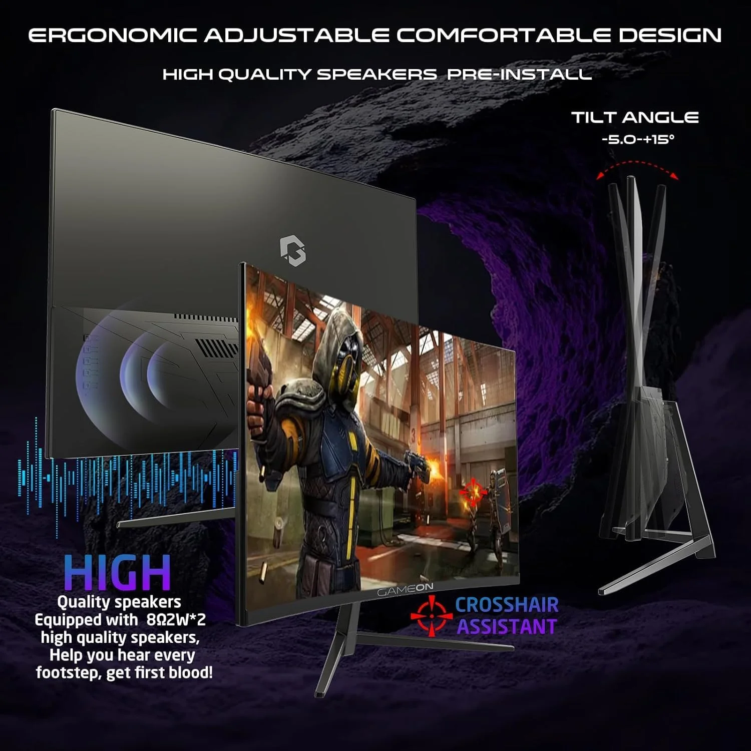 مانیتور گیمینگ خمیده 27 اینچی سری پرو گیم‌آن مدل GOC27F180VA، پنل VA سریع FHD با رزولوشن 1920x1080p، نرخ تازه‌سازی 180 هرتز، زمان پاسخ‌گویی 0.5 میلی‌ثانیه، HDMI 2.1، G-Sync و Freesync، دارای نشانه‌گر هدف، بلندگوهای داخلی، پشتیبانی از HDR، PS5، VRR