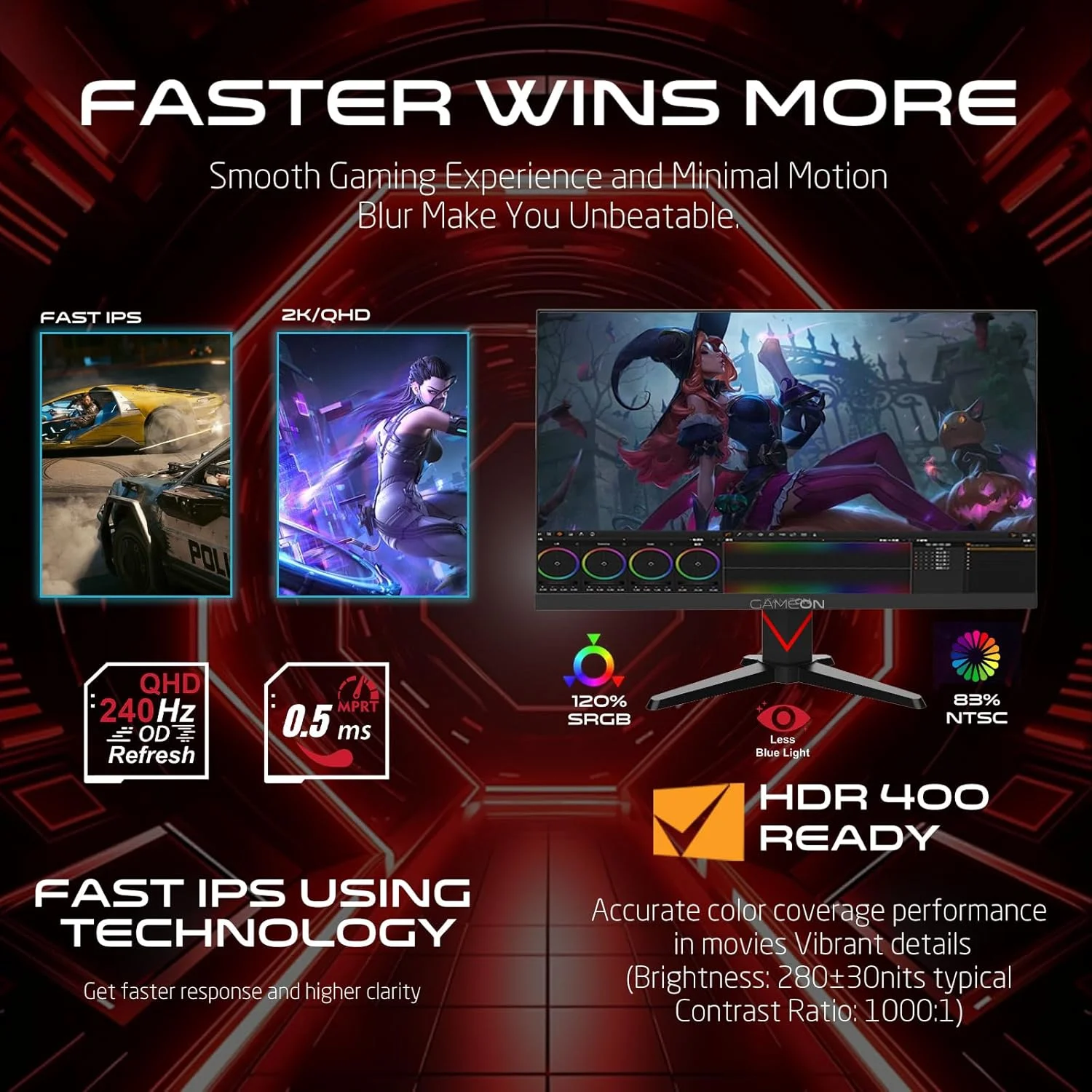 مانیتور گیمینگ 27 اینچی مشکی GAMEON GOMD27QHD240IPS سری Dominator – QHD 2560x1440، پنل Fast IPS، نرخ نوسازی 240 هرتز OC، زمان پاسخگویی 0.5 میلی‌ثانیه، HDR400، FreeSync & G-Sync، HDMI 2.1، سازگار با کنسول