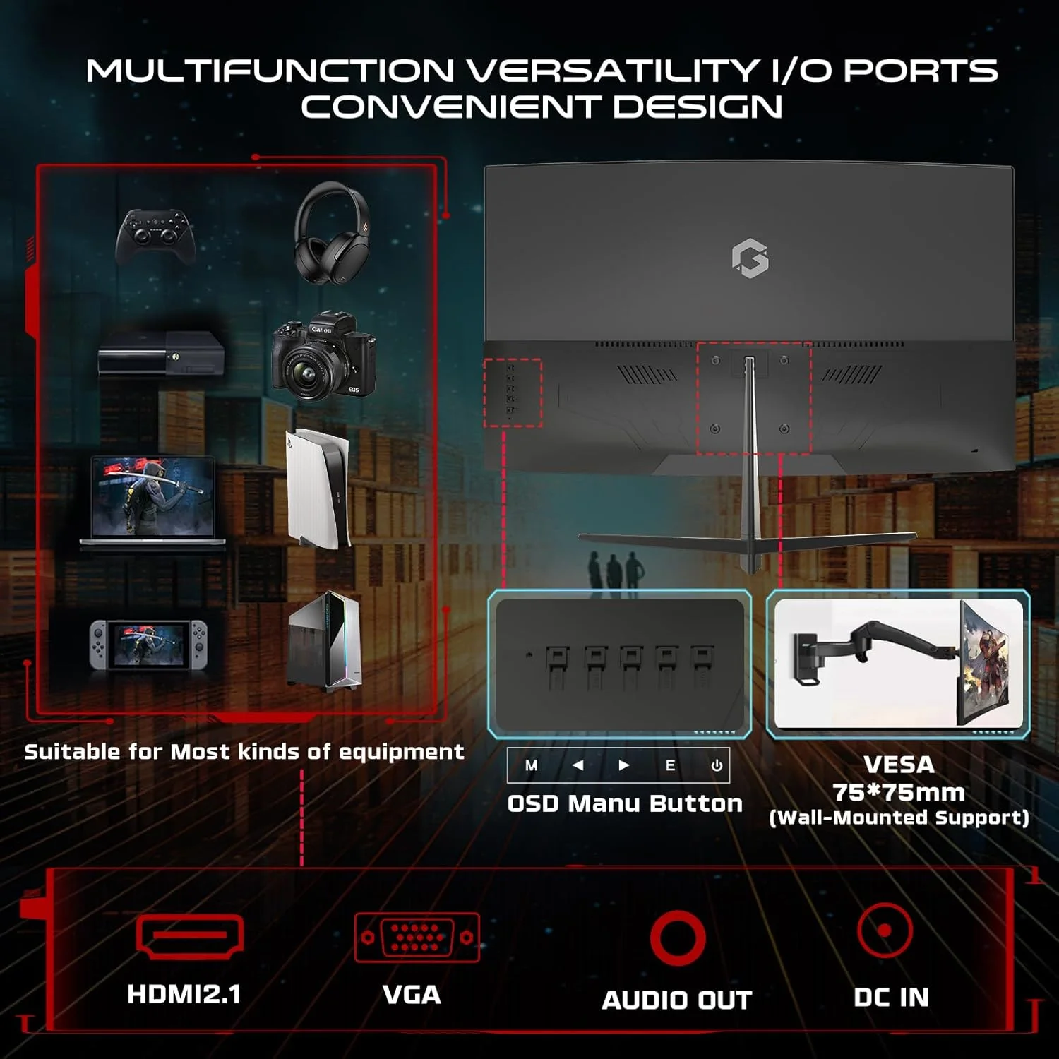 مانیتور گیمینگ خمیده 27 اینچی سری پرو GAMEON GOC27F120VA، پنل VA با کیفیت FHD 1920x1080p، نرخ نوسازی 120 هرتز، زمان پاسخگویی 1 میلی‌ثانیه، HDMI 2.1، فناوری Freesync، دارای Crosshair assistant، بلندگوهای داخلی، پشتیبانی از PS5 و VRR