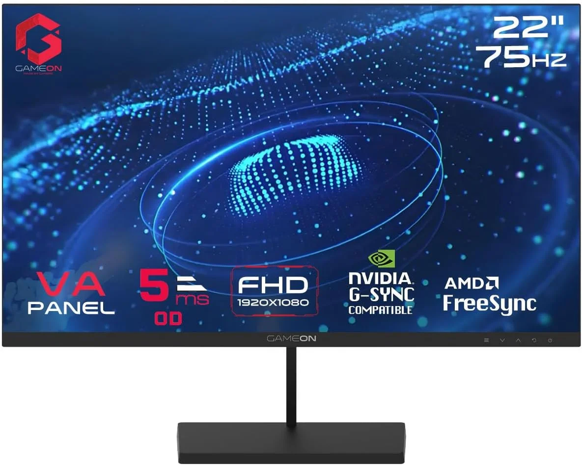 مانیتور گیمینگ GAMEON GB22F75 سری Basic، 21.45 اینچ، پنل VA با رزولوشن 1920x1080 FHD، نرخ بروزرسانی 75 هرتز، زمان پاسخگویی 5 میلی‌ثانیه، HDMI 1.4، Adaptive-Sync، بلندگوهای داخلی - مشکی