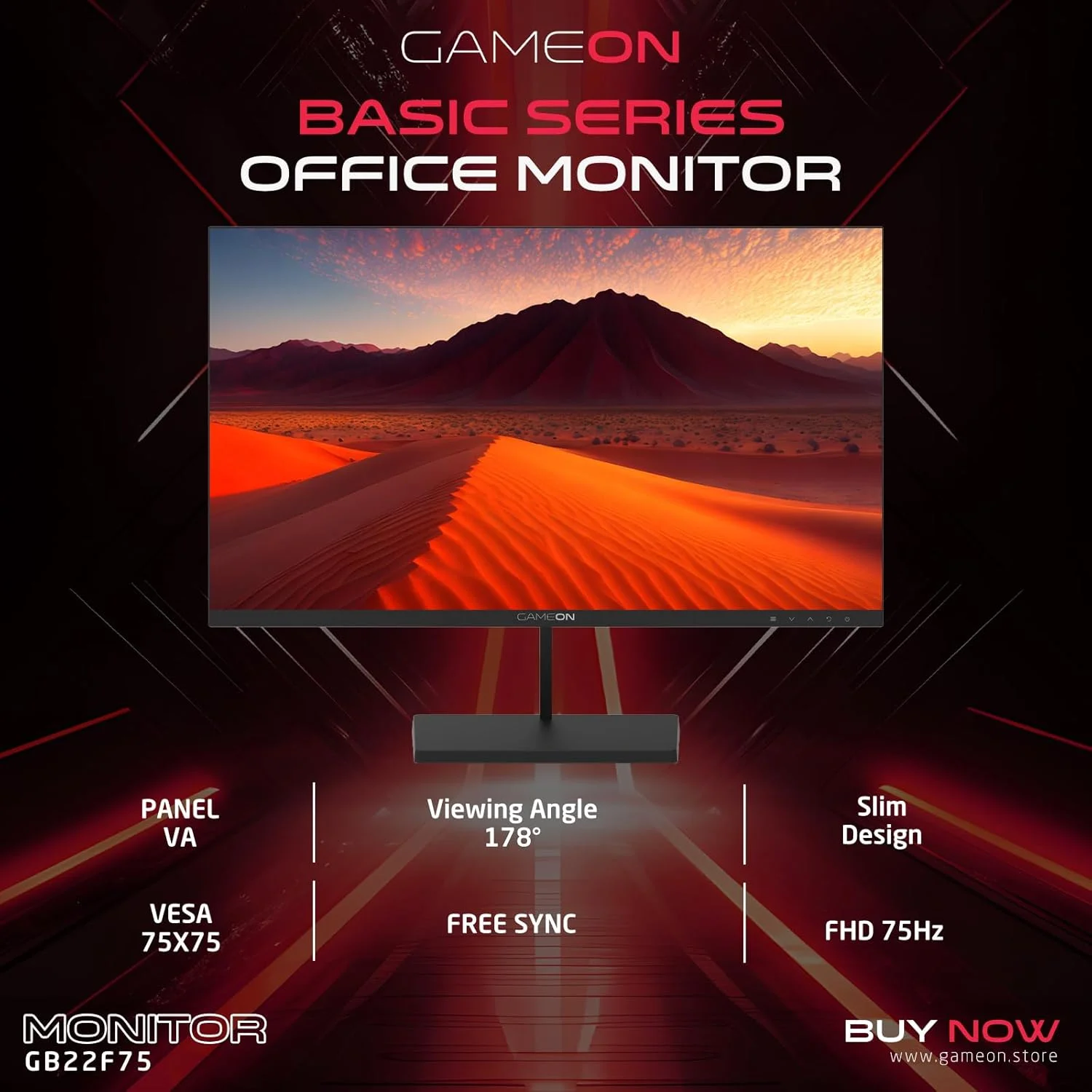 مانیتور گیمینگ GAMEON GB22F75 سری Basic، 21.45 اینچ، پنل VA با رزولوشن 1920x1080 FHD، نرخ بروزرسانی 75 هرتز، زمان پاسخگویی 5 میلیثانیه، HDMI 1.4، Adaptive-Sync، بلندگوهای داخلی - مشکی مانیتور گیمینگ GAMEON GB22F75 سری Basic، 21.45 اینچ، پنل VA با رزولوشن 1920x1080 FHD، نرخ بروزرسانی 75 هرتز، زمان پاسخگویی 5 میلیثانیه، HDMI 1.4، Adaptive-Sync، بلندگوهای داخلی - مشکی