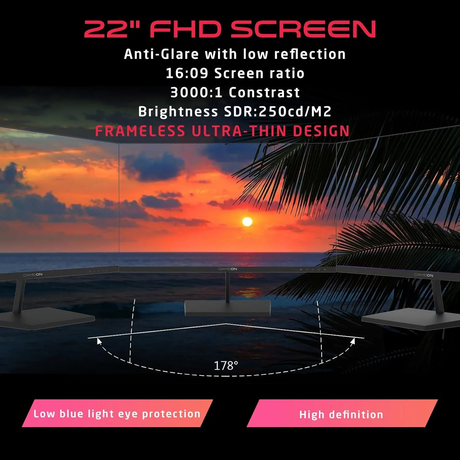 مانیتور گیمینگ GAMEON GB22F75 سری Basic، 21.45 اینچ، پنل VA با رزولوشن 1920x1080 FHD، نرخ بروزرسانی 75 هرتز، زمان پاسخگویی 5 میلیثانیه، HDMI 1.4، Adaptive-Sync، بلندگوهای داخلی - مشکی مانیتور گیمینگ GAMEON GB22F75 سری Basic، 21.45 اینچ، پنل VA با رزولوشن 1920x1080 FHD، نرخ بروزرسانی 75 هرتز، زمان پاسخگویی 5 میلیثانیه، HDMI 1.4، Adaptive-Sync، بلندگوهای داخلی - مشکی