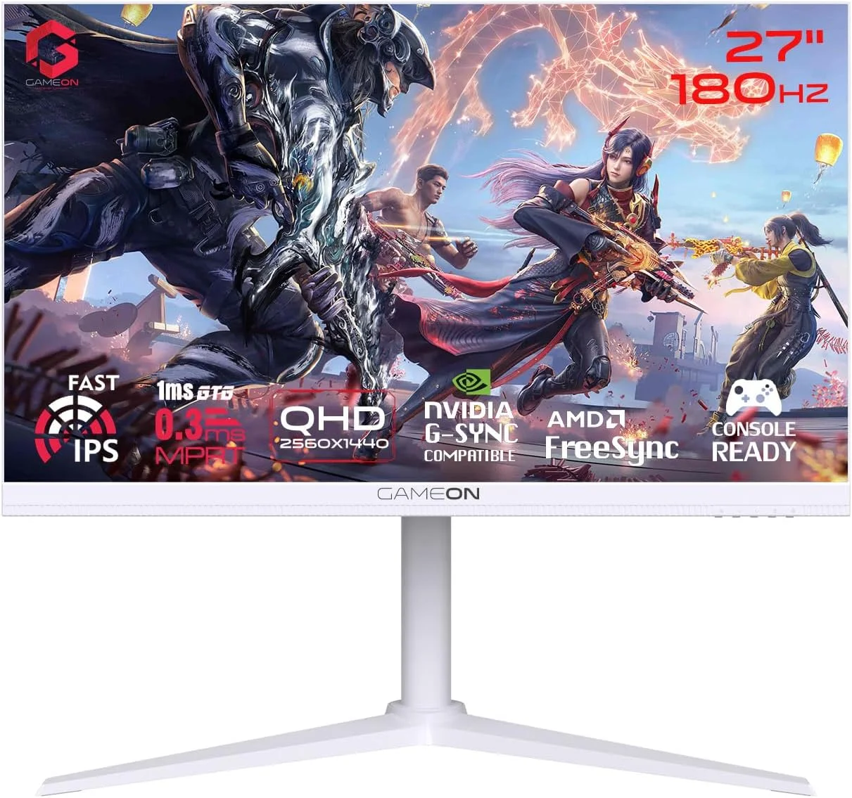 مانیتور گیمینگ 27 اینچ سفید GAMEON GOA27QHD180IPS Arctic Pro-Series، 2560x1440p 2K QHD، پنل Fast IPS، 180 هرتز، 0.3 میلی‌ثانیه، HDMI 2.1، FreeSync & G-Sync، Crosshair Assistant، HDR، PS5، پشتیبانی از VRR