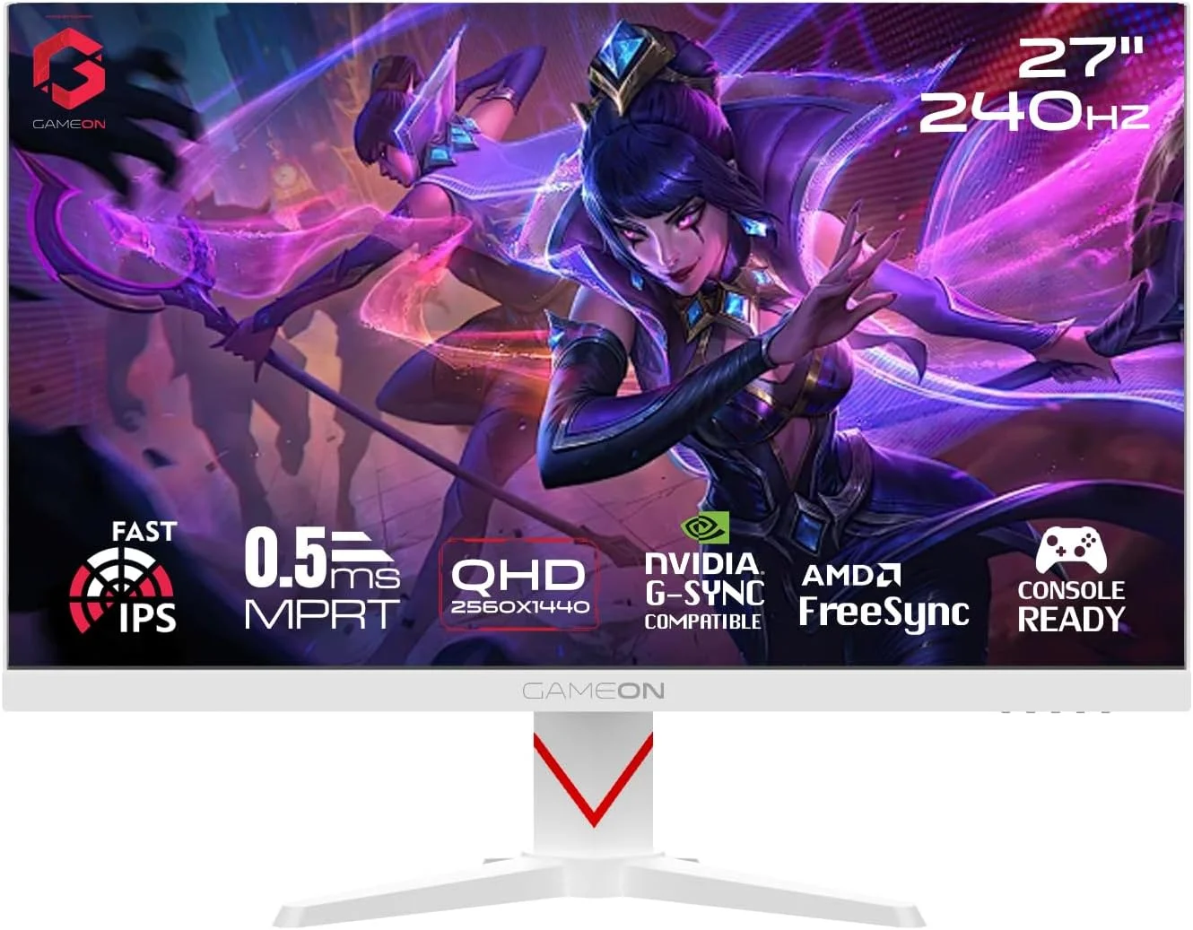 مانیتور گیمینگ 27 اینچی سفید رنگ گیمون مدل GOAD27QHD240IPS از سری Dominator، رزولوشن QHD 2560x1440، نرخ نوسازی 240 هرتز (اورکلاک)، زمان پاسخگویی 0.5 میلی‌ثانیه، پنل Fast IPS، HDR400، FreeSync/G-Sync، HDMI 2.1، سازگار با کنسول