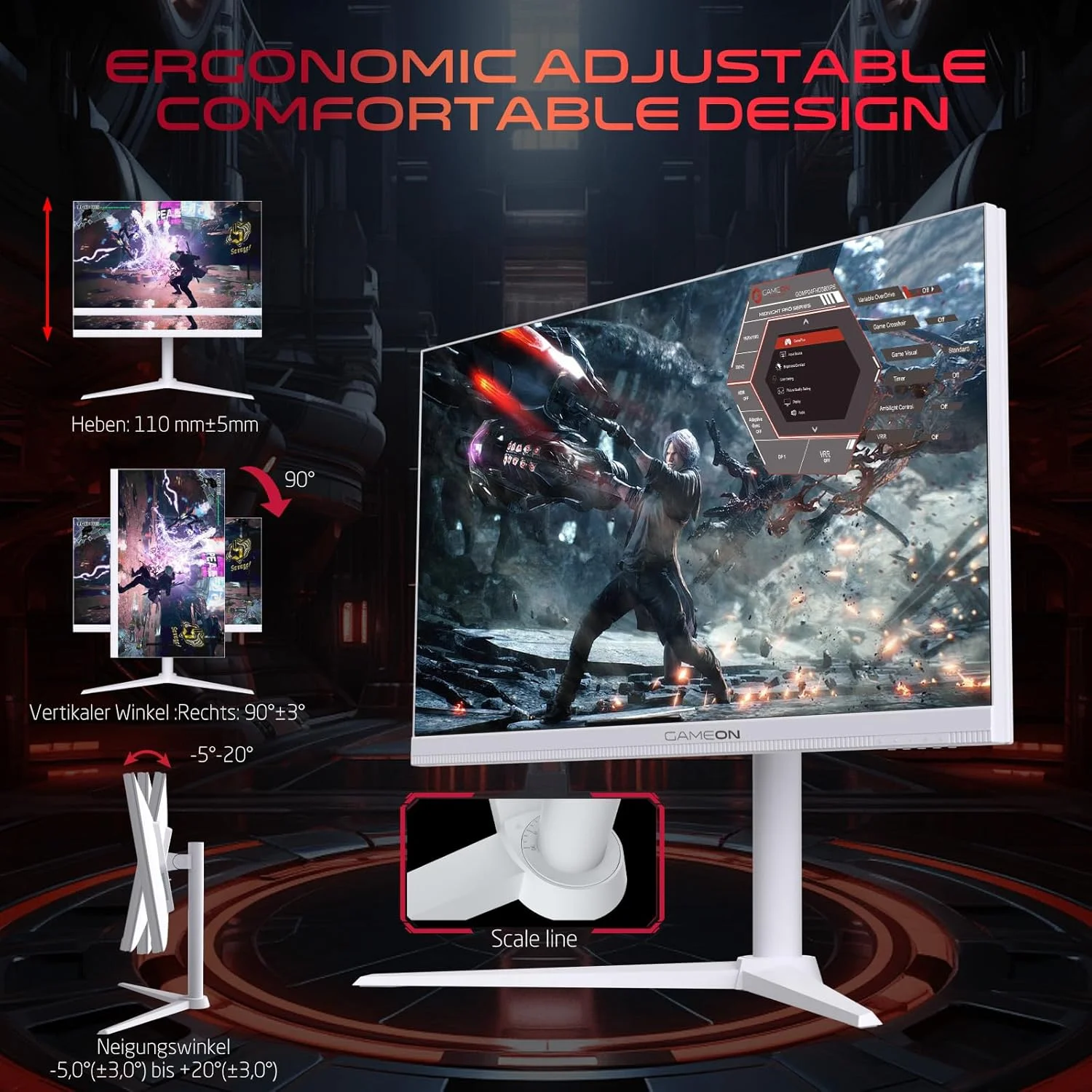 مانیتور گیمینگ 27 اینچ سفید GAMEON GOA27QHD180IPS Arctic Pro-Series، 2560x1440p 2K QHD، پنل Fast IPS، 180 هرتز، 0.3 میلی‌ثانیه، HDMI 2.1، FreeSync & G-Sync، Crosshair Assistant، HDR، PS5، پشتیبانی از VRR