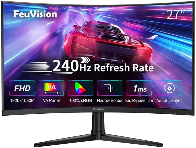 مانیتور گیمینگ خمیده 27 اینچ 240 هرتز، FHD 1080p، پنل VA، زمان پاسخگویی 0.5 میلی‌ثانیه، Adaptive Sync، مانیتور کامپیوتر PC، بدون حاشیه 3 طرفه، فوق‌العاده باریک، 100% sRGB، فیلتر نور آبی، DP، HDMI