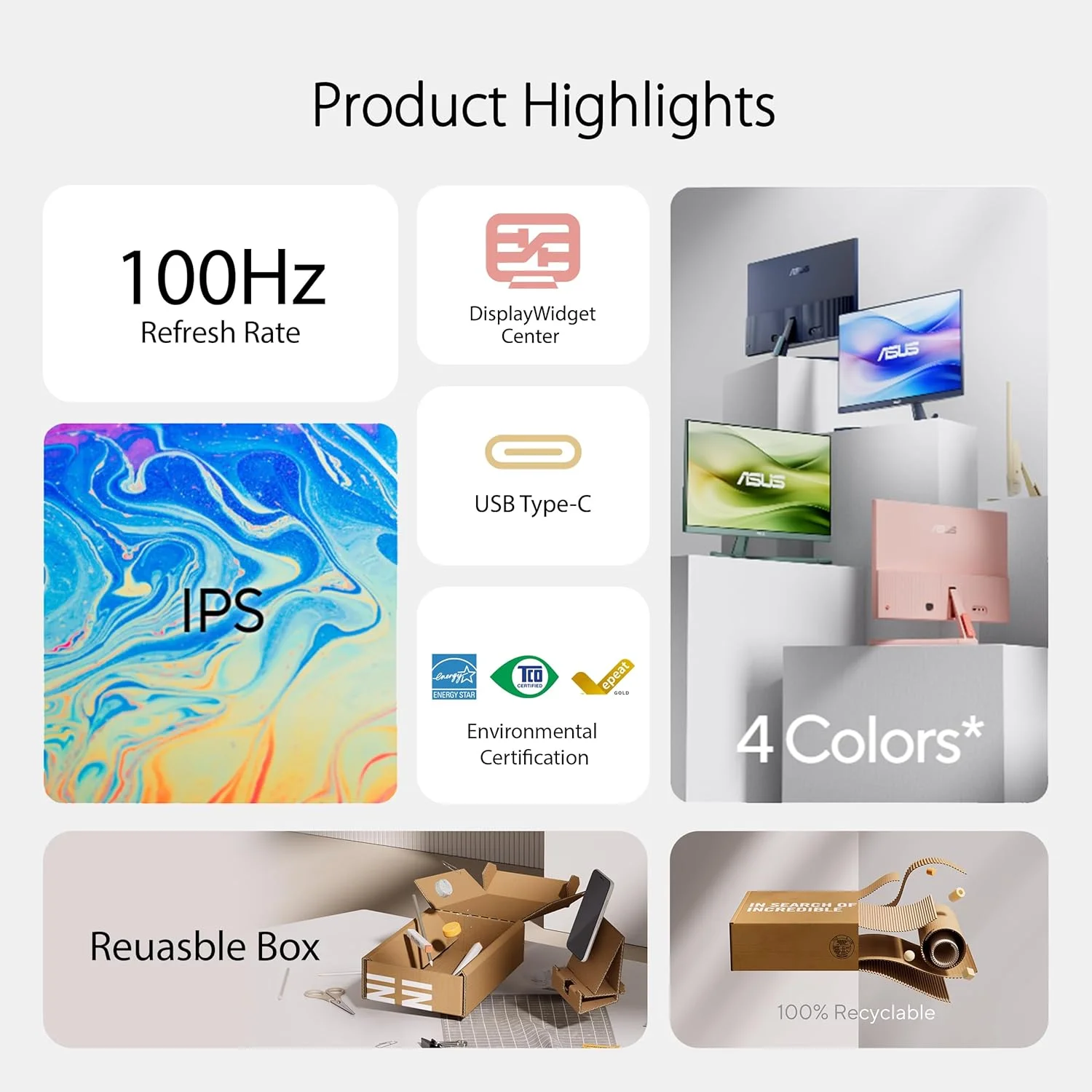 مانیتور گیمینگ محافظ چشم ایسوس مدل VU249CFE – 24 اینچ، FHD (1920x1080) 100 هرتز، IPS، Adaptive-Sync، پورت USB Type-C با توان 15 وات، DisplayWidget Center، فناوری EyeCare Plus، رنگ شیری جو دوسر