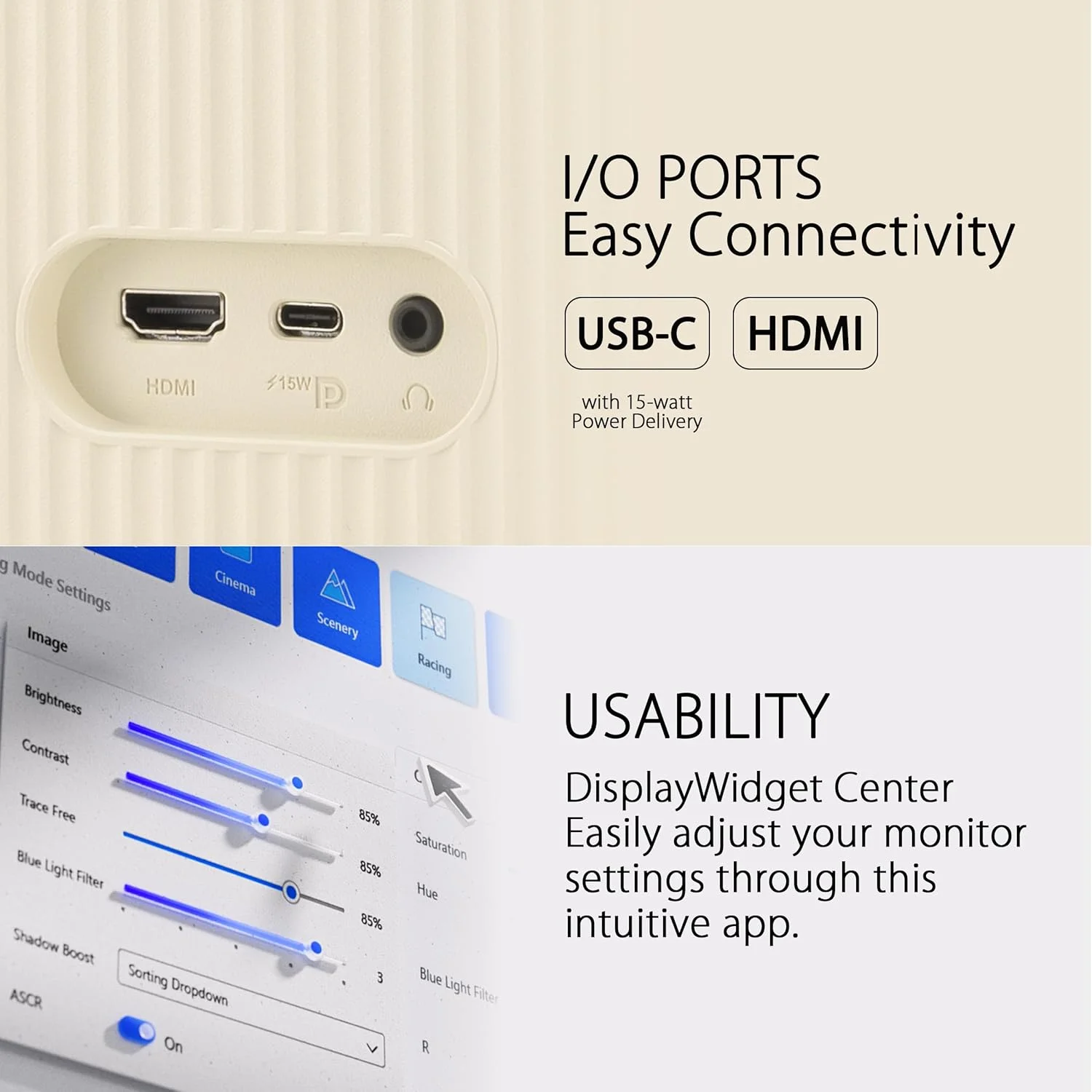 مانیتور گیمینگ محافظ چشم ایسوس مدل VU249CFE – 24 اینچ، FHD (1920x1080) 100 هرتز، IPS، Adaptive-Sync، پورت USB Type-C با توان 15 وات، DisplayWidget Center، فناوری EyeCare Plus، رنگ شیری جو دوسر