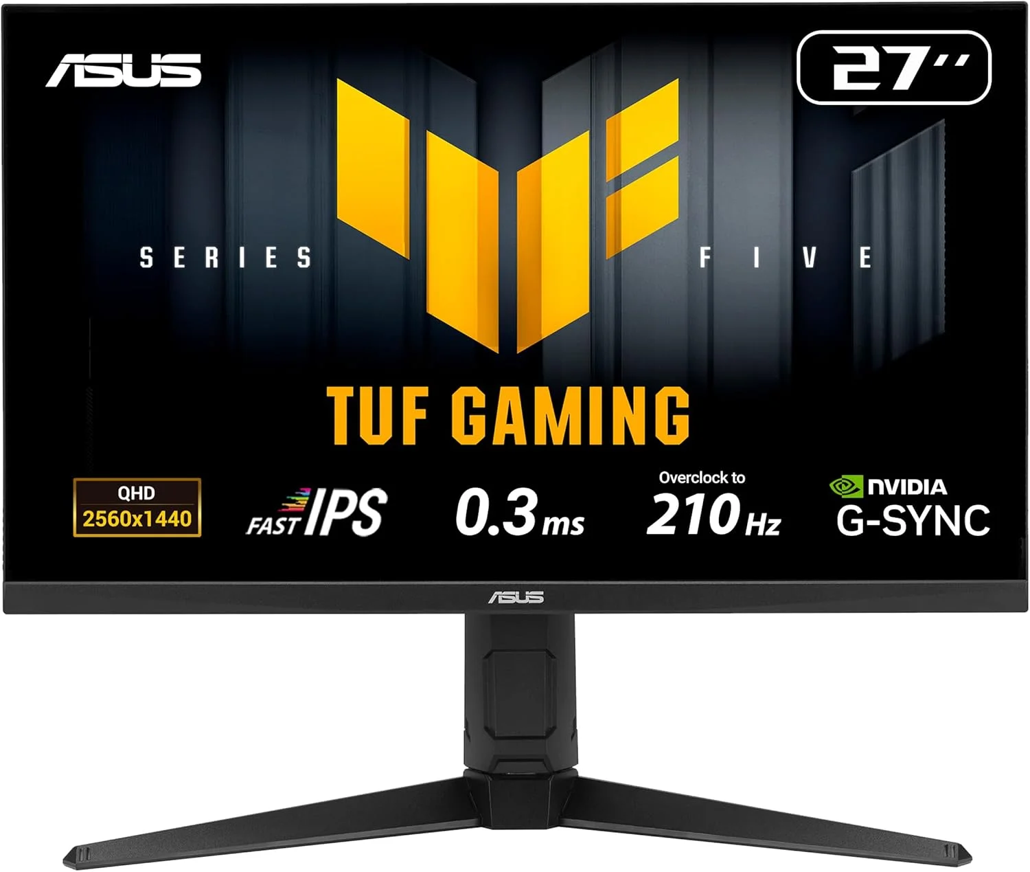مانیتور گیمینگ 27 اینچی ایسوس TUF GAMING VG27AQL5A با کیفیت 2K-QHD (2560 x 1440)، نرخ نوسازی 210 هرتز، زمان پاسخگویی 0.3 میلی‌ثانیه، طراحی ارگونومیک، دارای پورت‌های DP و HDMI، مدل 90LM0BM0-B01371