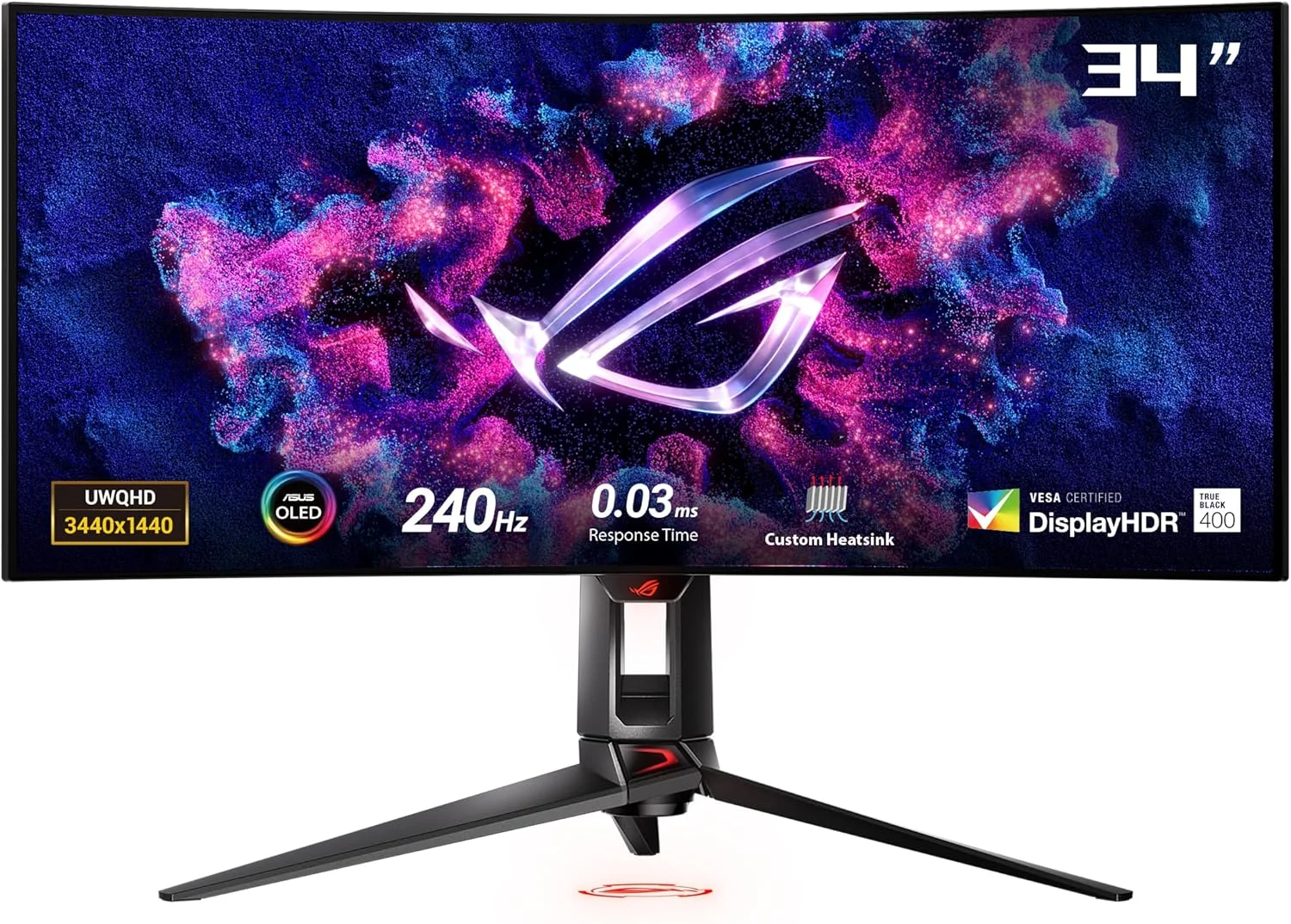 مانیتور گیمینگ ASUS ROG Swift OLED PG34WCDM - پنل خمیده 34 اینچ (33.9 اینچ قابل مشاهده، 3440x1440) 800R، نرخ نوسازی 240 هرتز، زمان پاسخگویی 0.03 میلی‌ثانیه (GTG)، سازگار با G-SYNC، دارای هیت سینک سفارشی، روشنایی یکنواخت، Smart KVM، پورت Type-C با توان 90 وات