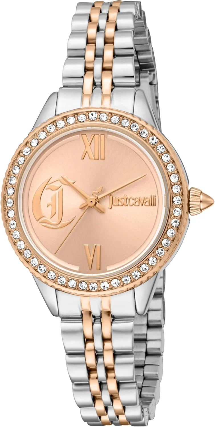 ساعت مچی عقربه ای زنانه جاست کاوالی مدل JC1L316M0105، بند استیل، دورنگ نقره ای و رزگلد، دستبندی