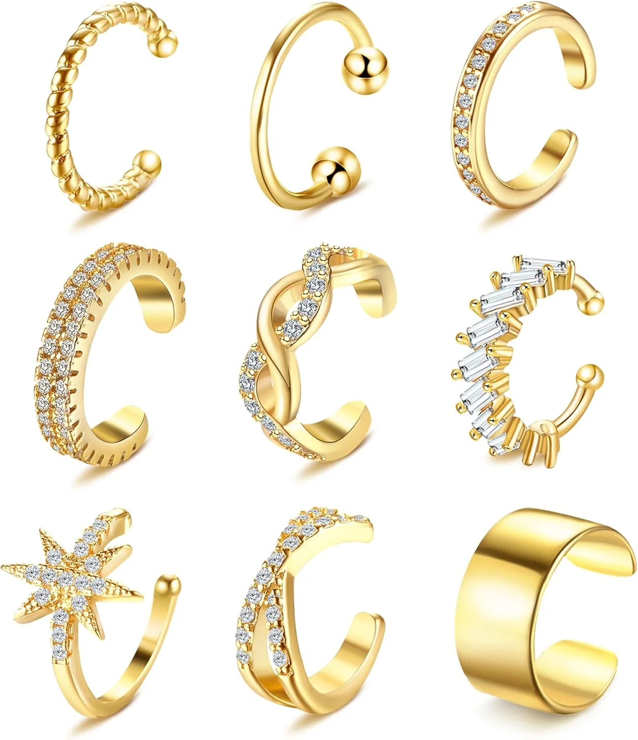 ست گیره گوش زنانه 9 عددی - روکش طلای 14 عیار، گوشواره های غضروفی بدون سوراخ، ست گوشواره های حلقه ای فیک قابل تنظیم، گیره گوش برنجی سبک وزن برای استفاده روزانه و مهمانی ست گیره گوش زنانه 9 عددی - روکش طلای 14 عیار، گوشواره های غضروفی بدون سوراخ، ست گوشواره های حلقه ای فیک قابل تنظیم، گیره گوش برنجی سبک وزن برای استفاده روزانه و مهمانی