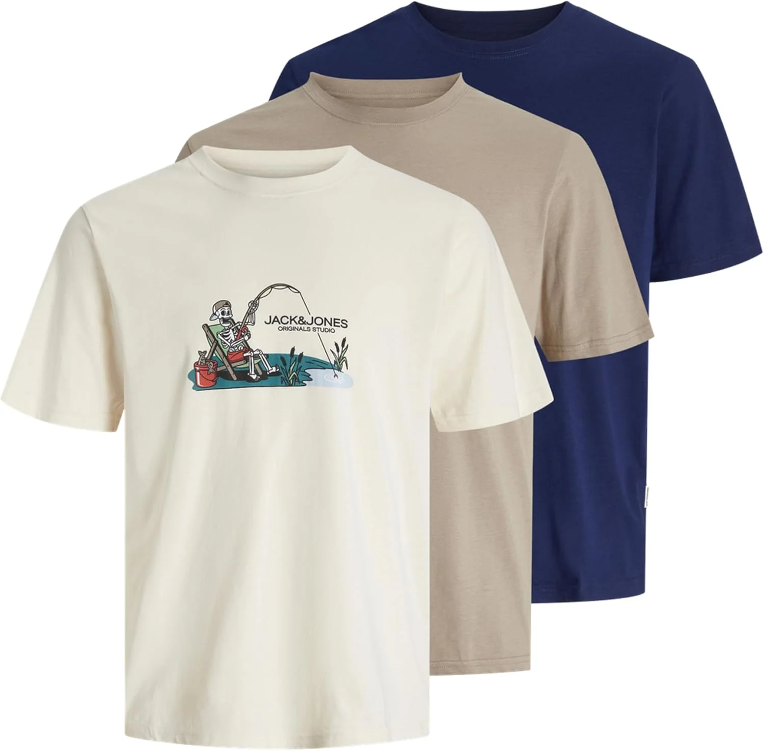 تی شرت یقه گرد مردانه جک اند جونز مدل Jorskull Nature بسته 3 عددی